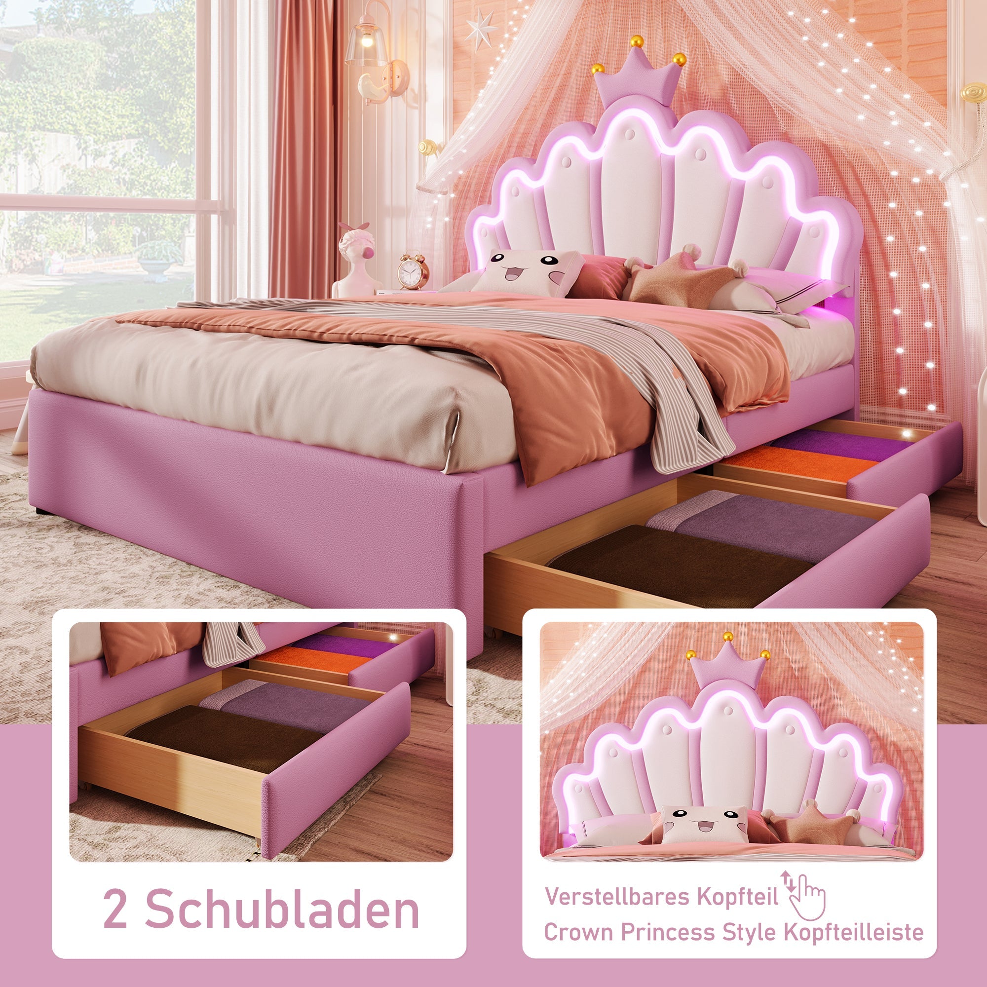 Princess Upholstered Bed 140x200cm Crown Shape LED 2 Drawers - PU Pink