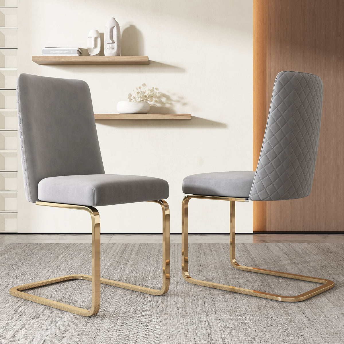 Velvet Dining Chair Set of 2 Diamond Back Gold Metal Legs - Grey