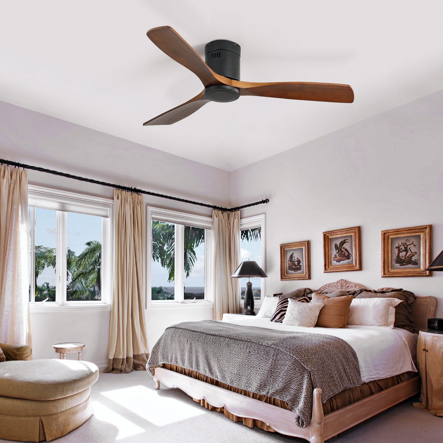 Ceiling Fan 52-inch Flat DC Motor Silent Reversible with Remote Control without Lighting Wooden Blades