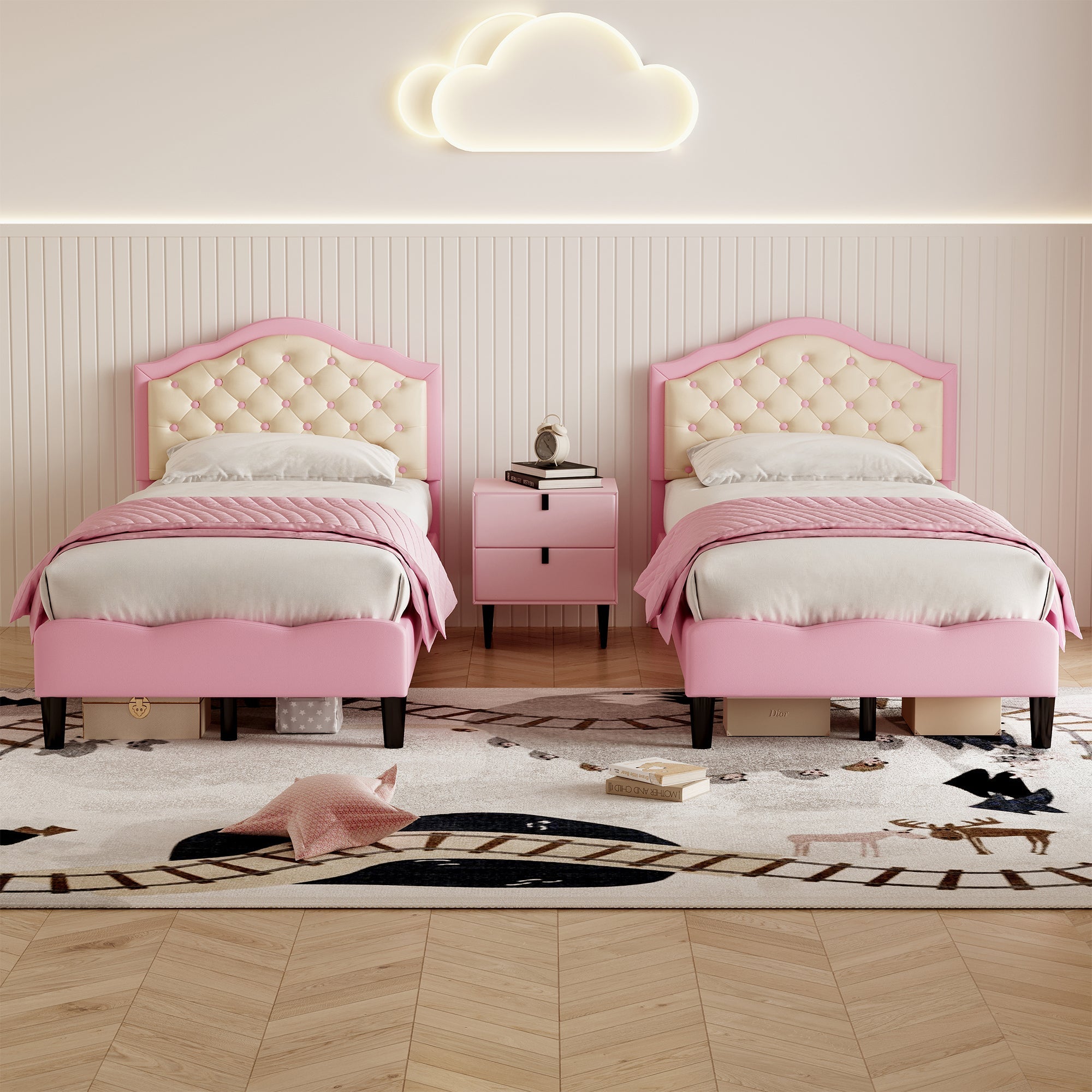 3ft Single Upholstered Bed Frame with Adjustable Chic Button-Tufted Headboard, Pink+Beige
