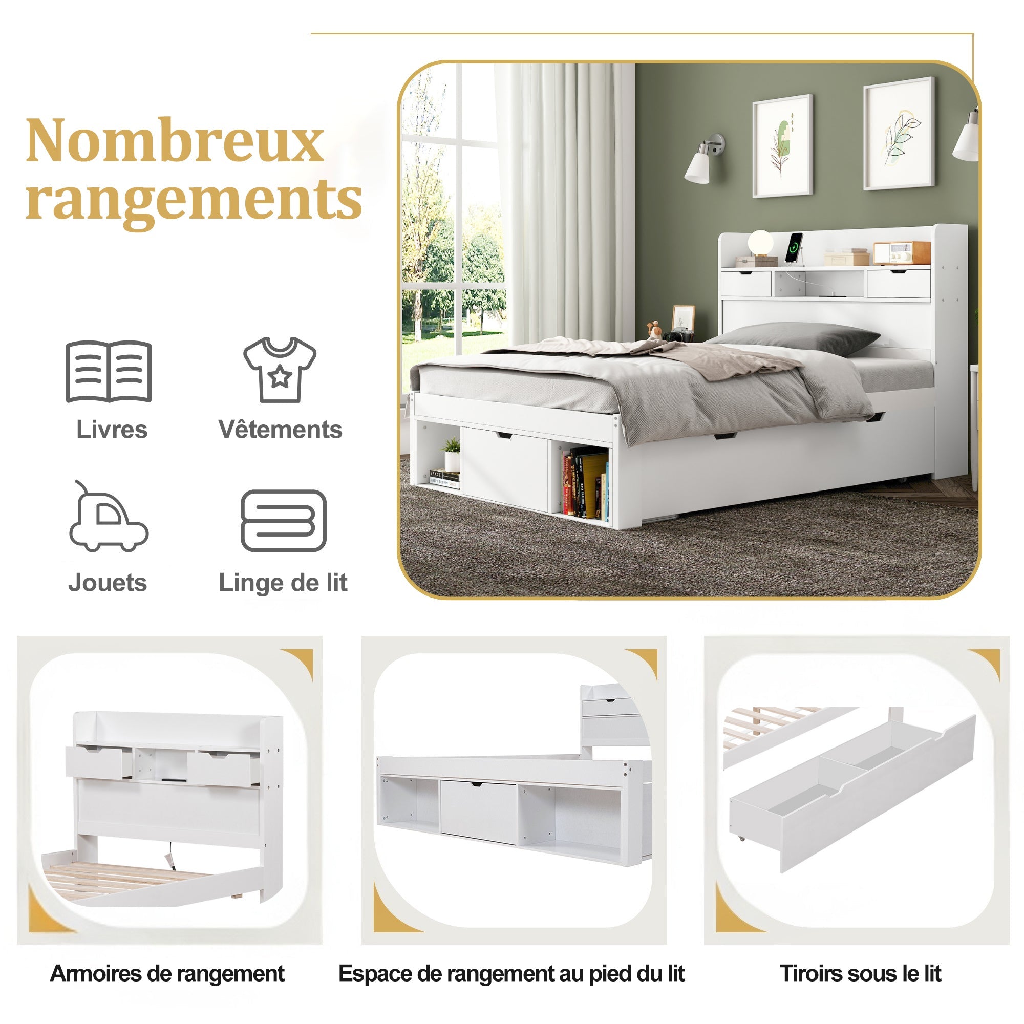 Single Bed Multifunctional 90x190cm with USB Port Drawer & Large Storage White