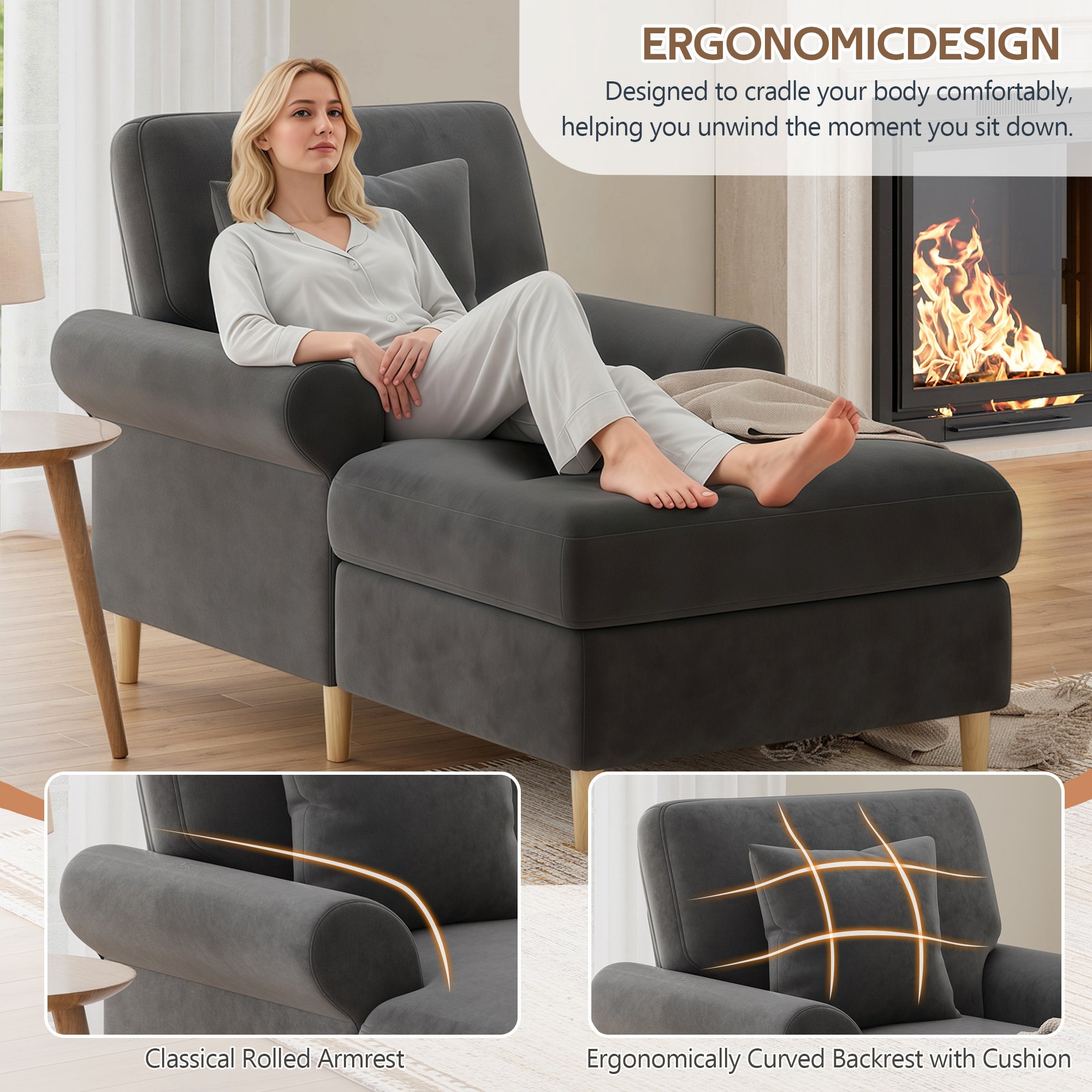 Upholstered Recliner Folding Sleeper Chair for Living Room/Bedroom, Velvet, Grey
