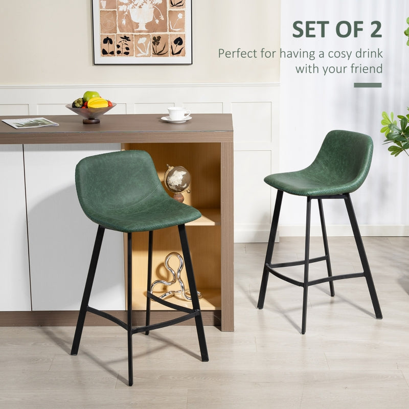 Bar Stools Set of 2 Dining Stools with Backrest, Footrest, for Kitchen Counter, Green PU Leather