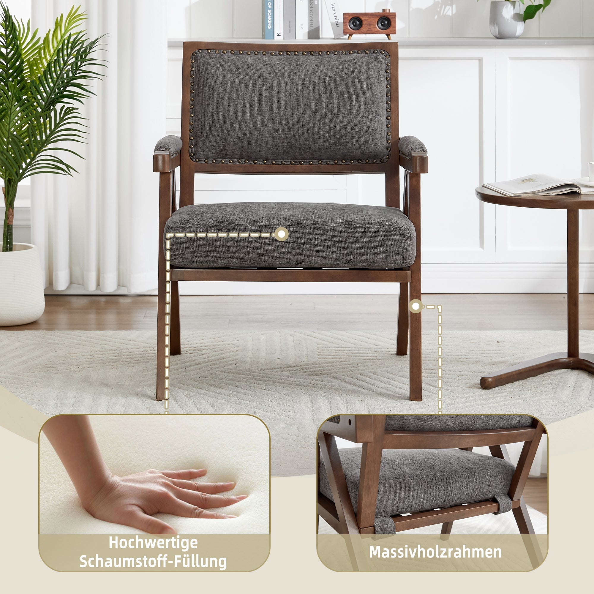 Sessel im Mid-Century Modern Stil, einzelner Loungesessel mit Holzrahmen, Stoff