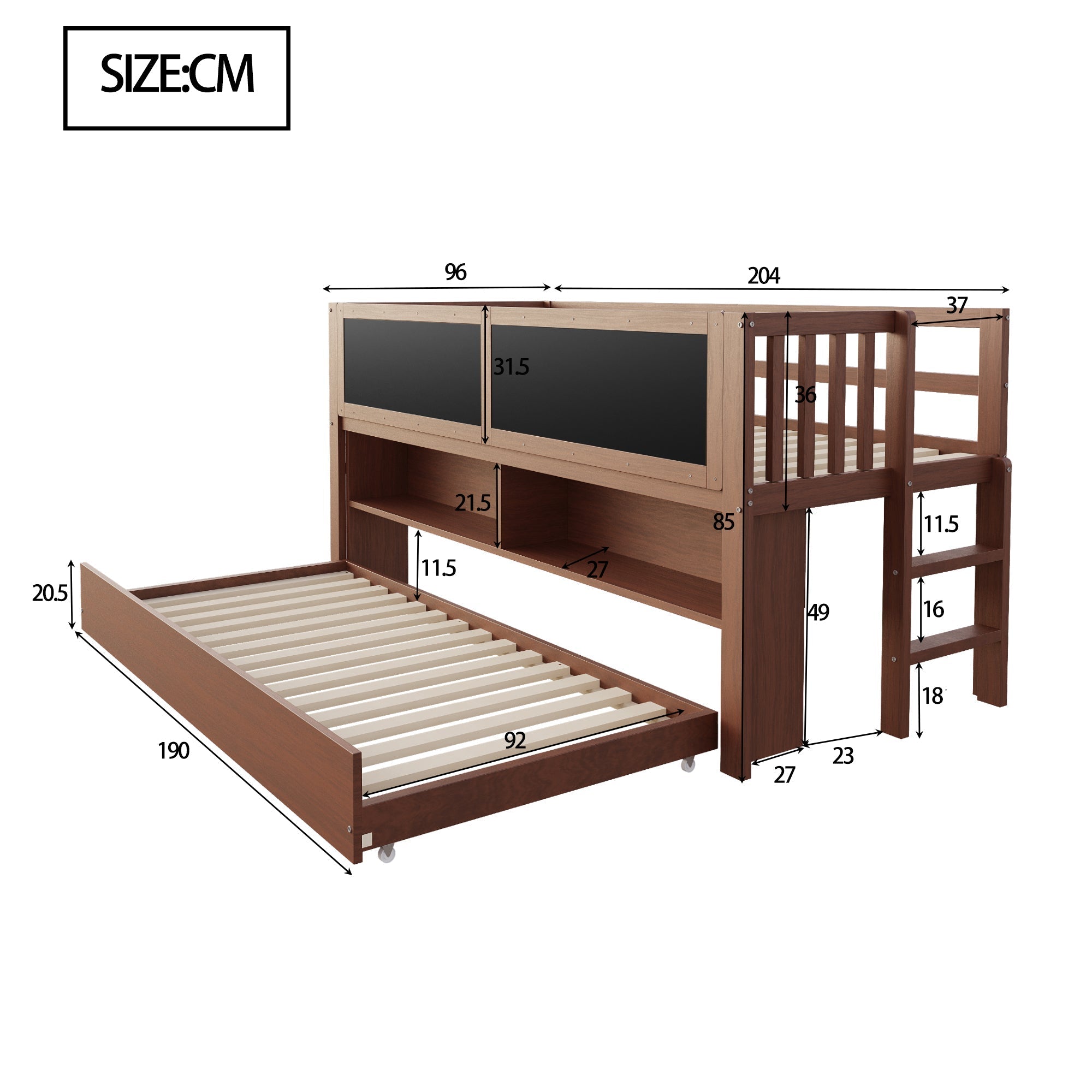 Extendable House Bed 90x200cm with Chalkboard, Storage & Climbing Ladder - Solid Wood Brown