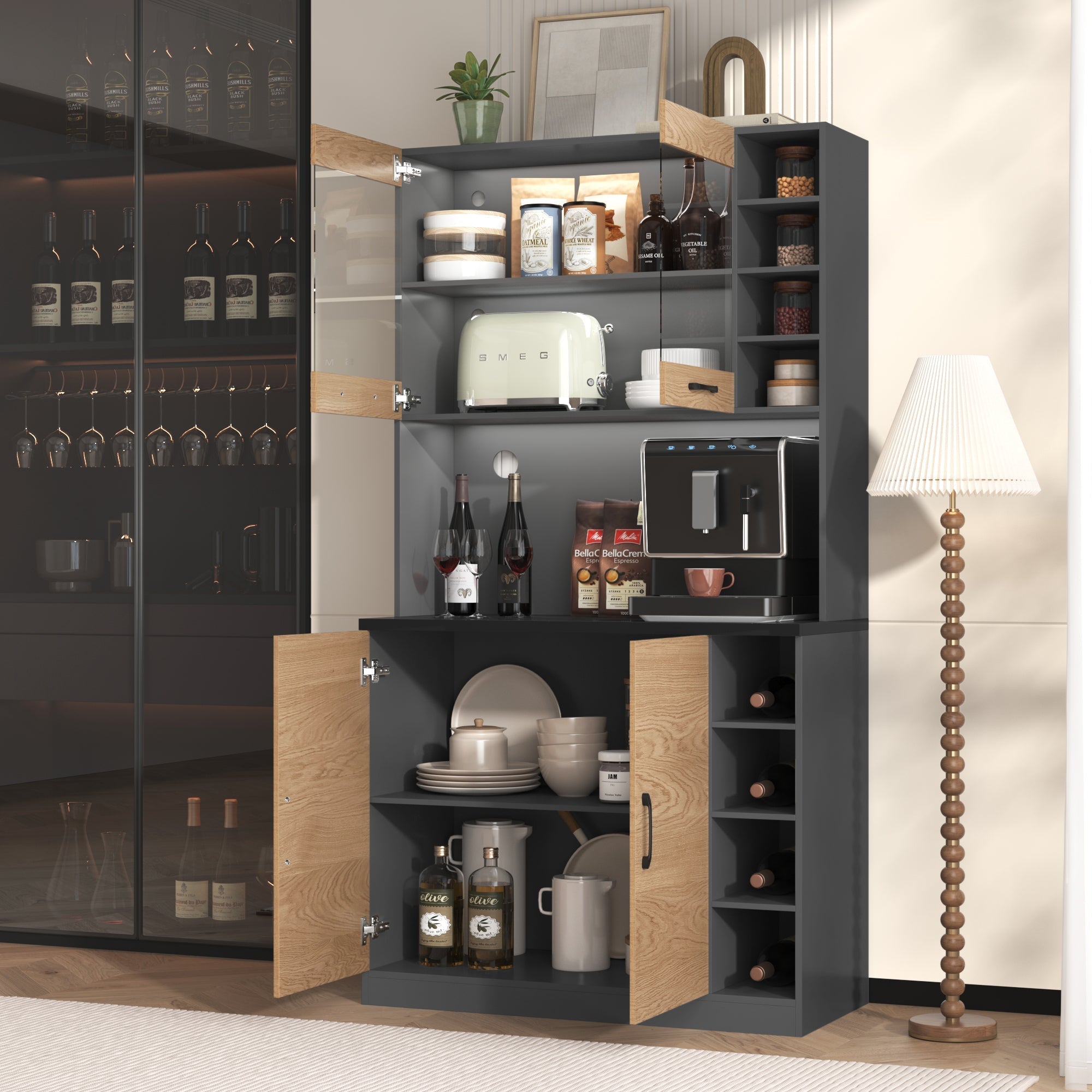 Kitchen Highboard Buffet 100x187cm LED Lighting Microwave Storage - Wooden