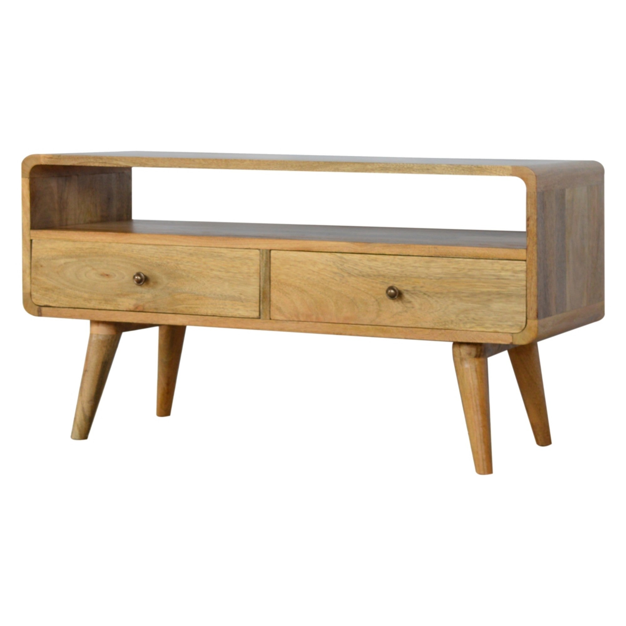 Solid Wood Curved Media Unit with 2 Drawers and Open Slot, Brown Oak-ish