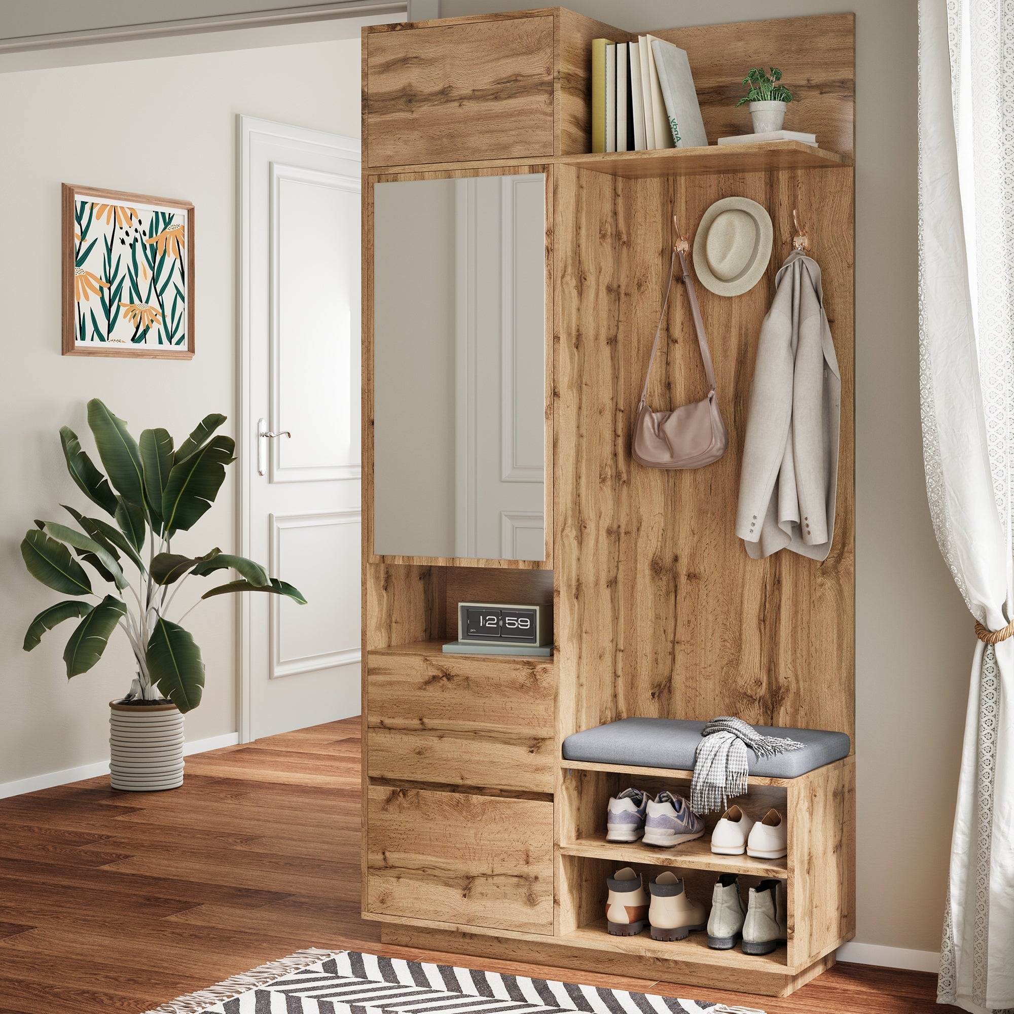 Compact Wardrobe with Mirror, Bench, Shoe Cabinet & Hooks, Natural MDF
