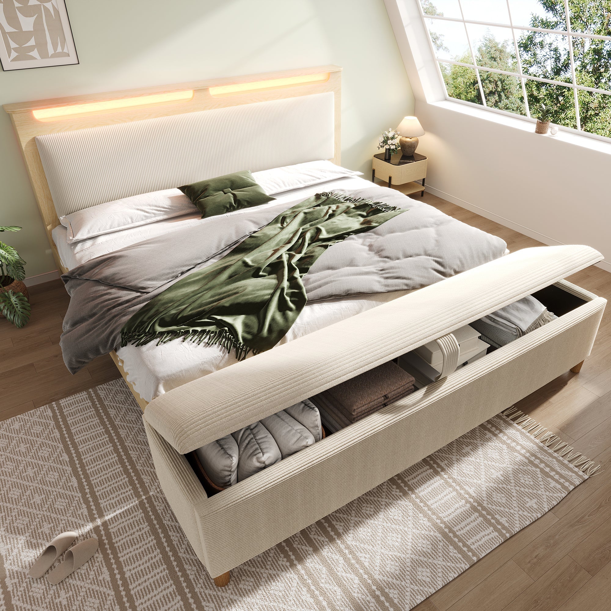 Double Wooden Bed 140×200cm, Storage Headboard, LED, Bed Bench, Light Oak/Beige Corduroy
