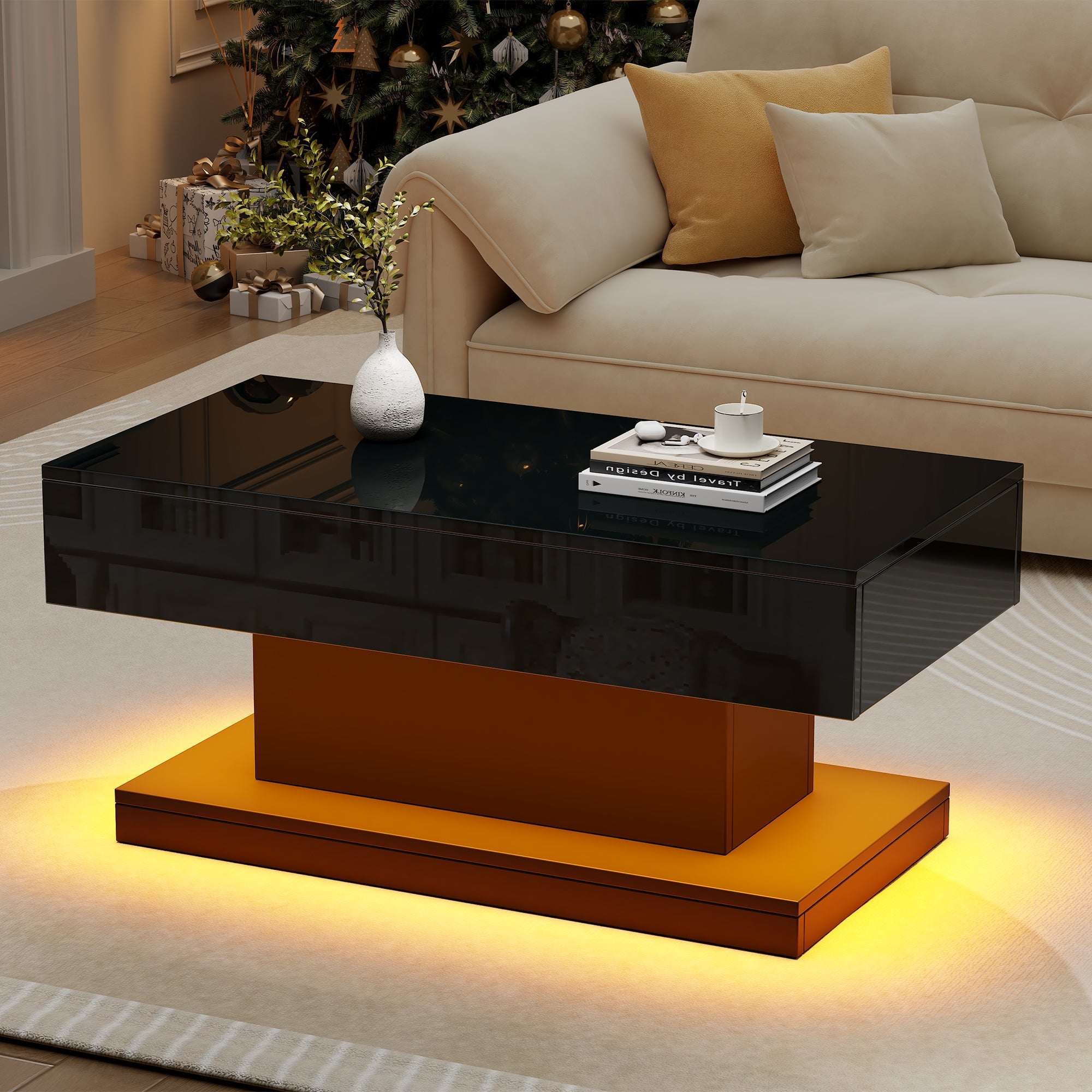 Coffee Table 100x50x45cm, 2 Drawers, LED Light, High-Gloss Black
