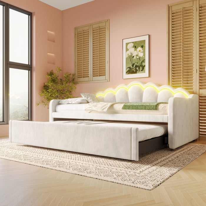 Daybed Sofa Bed Pull-out Double Bed LED 90/180x200cm - Velvet Beige