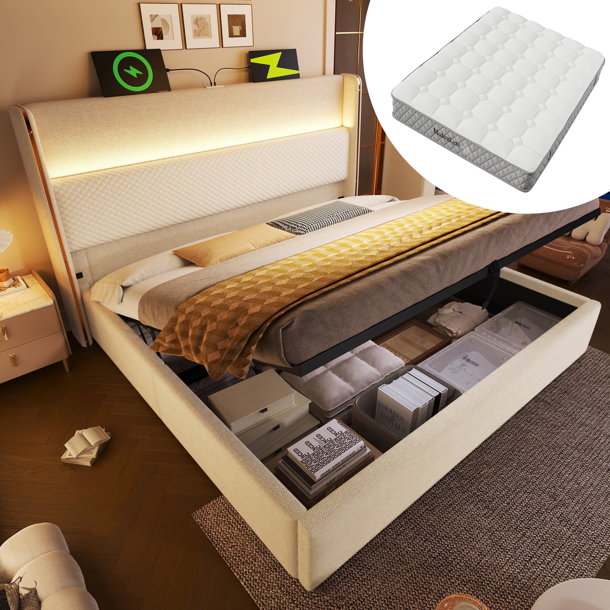 Modern Hydraulic Bed 140x200cm Double LED Storage USB/Type-C, Linen Look Beige