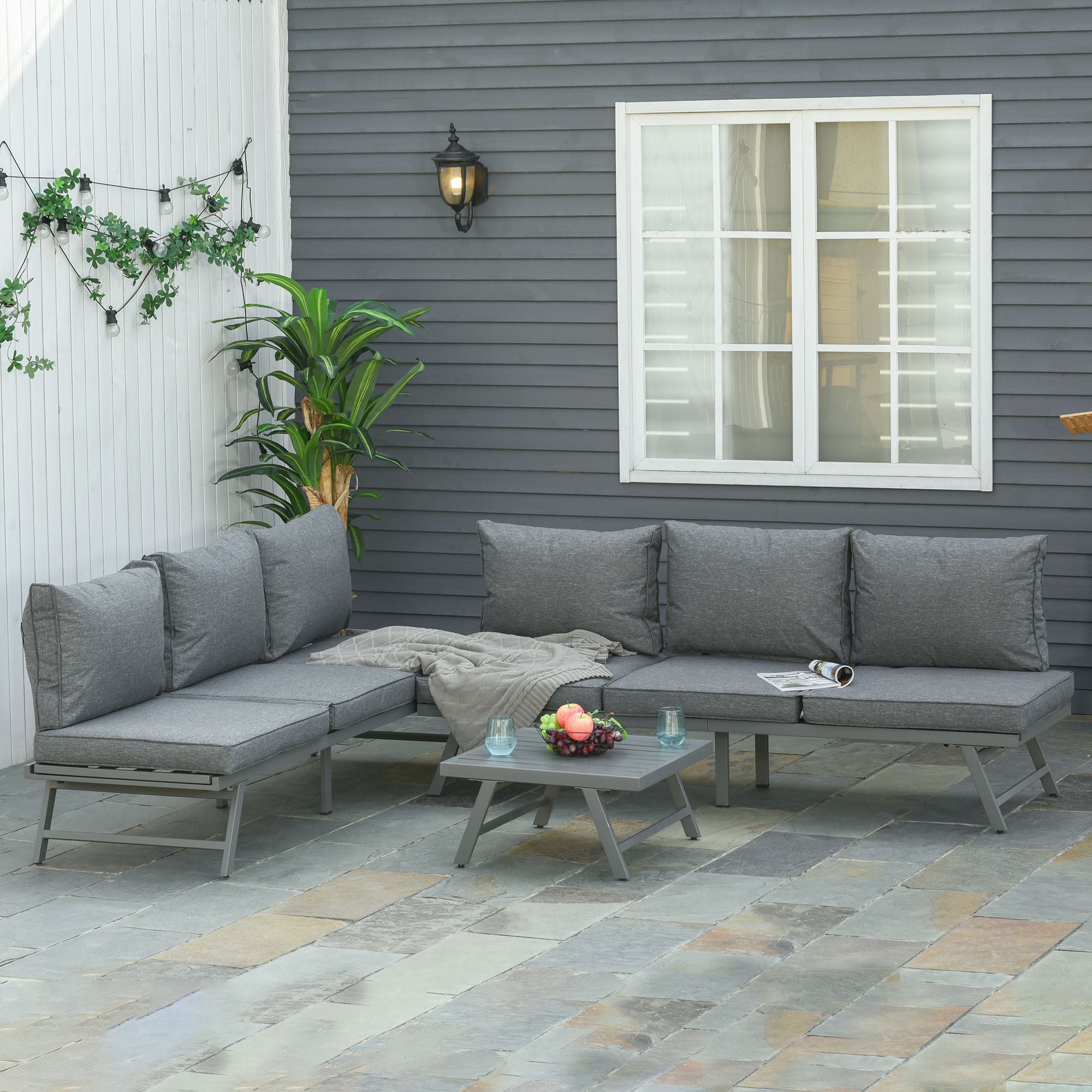 3 Pcs Garden Seating Set Convertible Sofa Lounge Table Padded Cushions Grey
