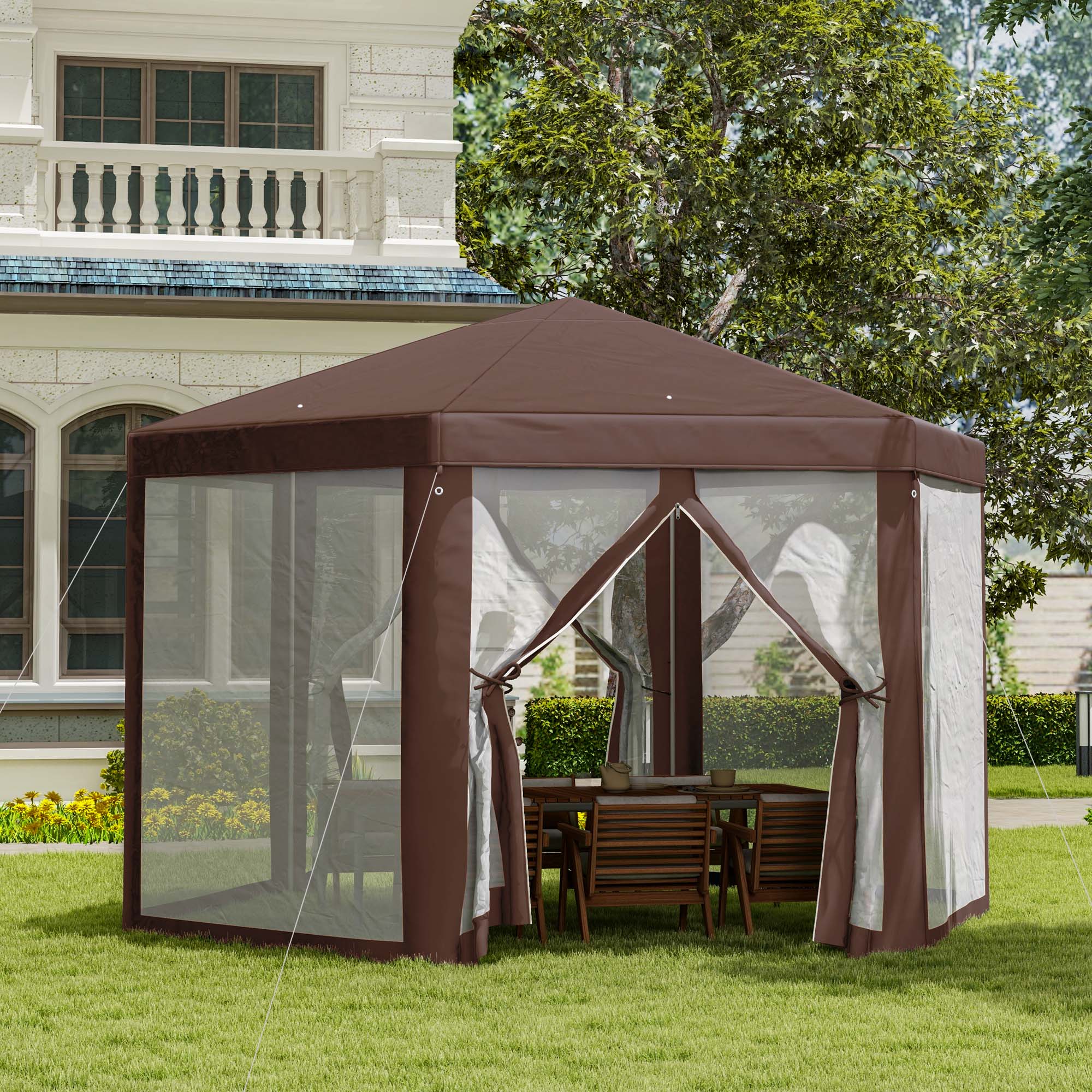 Hexagonal Garden Gazebo Canopy Tent with Mosquito Netting and Zipped Door, Brown