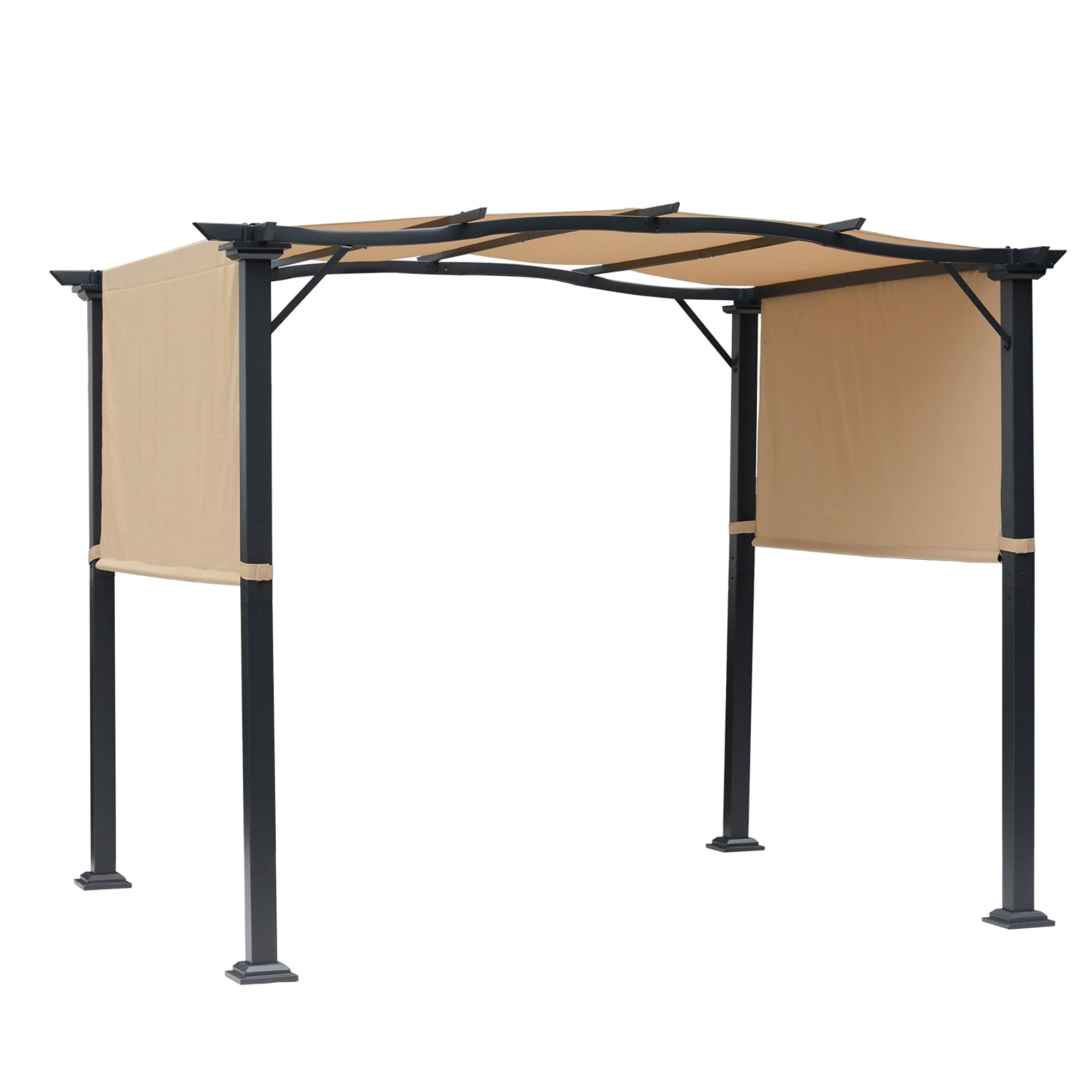 Outdoor Retractable Pergola Garden Gazebo Adjustable Side Canopy Overhead Sun Shade Steel Khaki