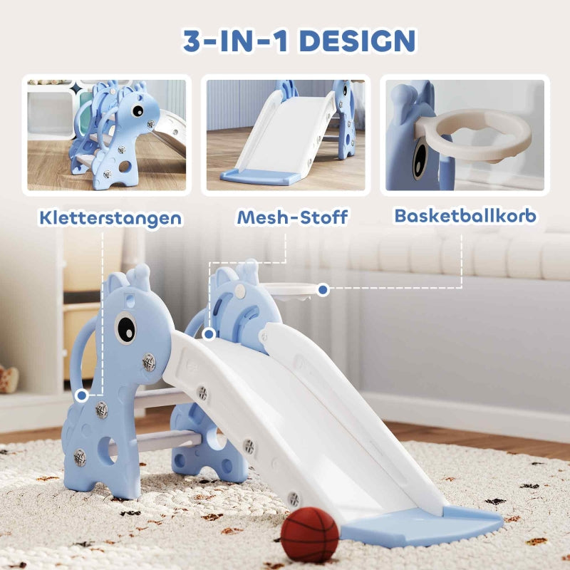 AIYAPLAY 3-in-1 Kids Slide, Giraffe Shape, Basketball Hoop, Ball, Blue