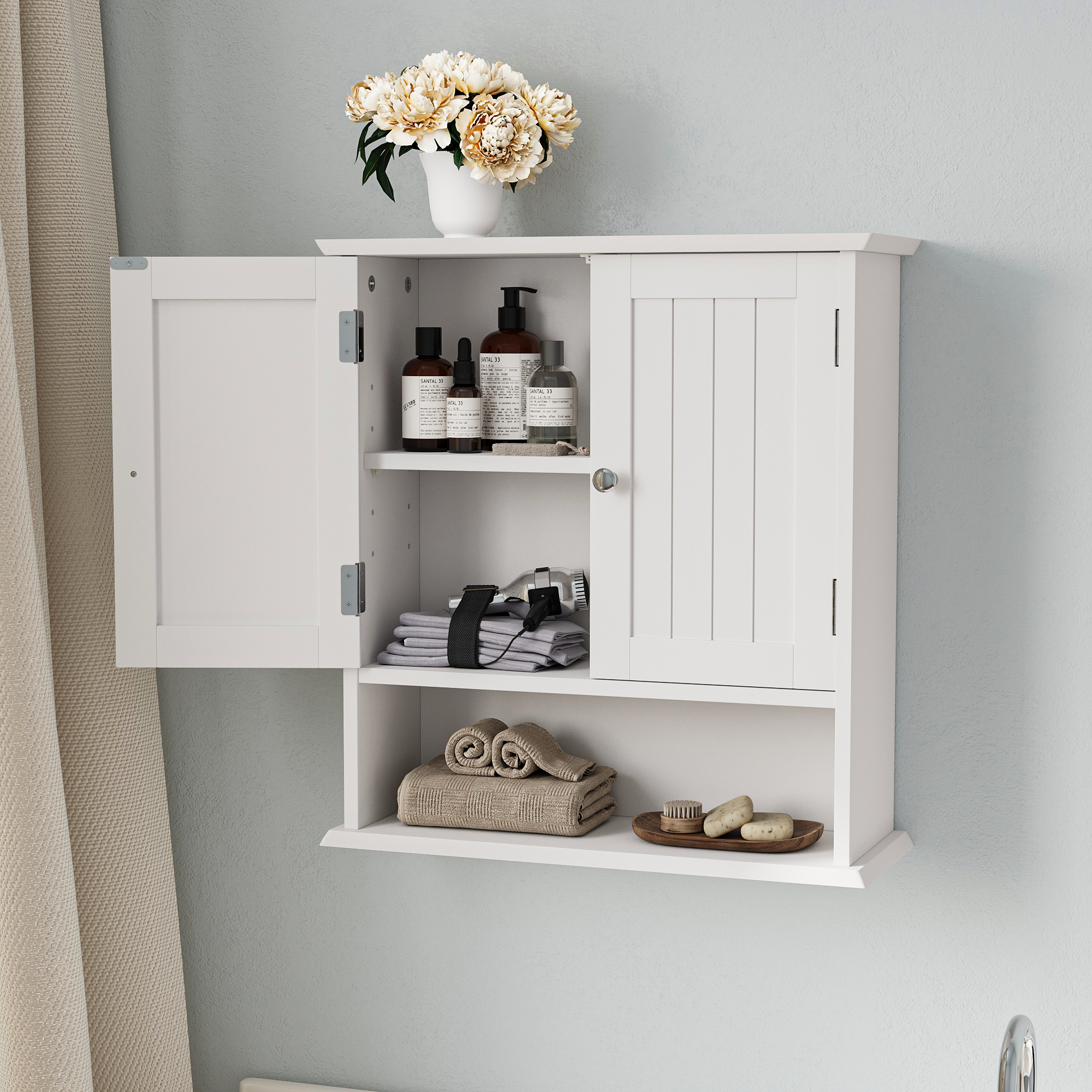 Bathroom Cabinet, Wall Mounted with Double Doors & Adjustable Shelves, White