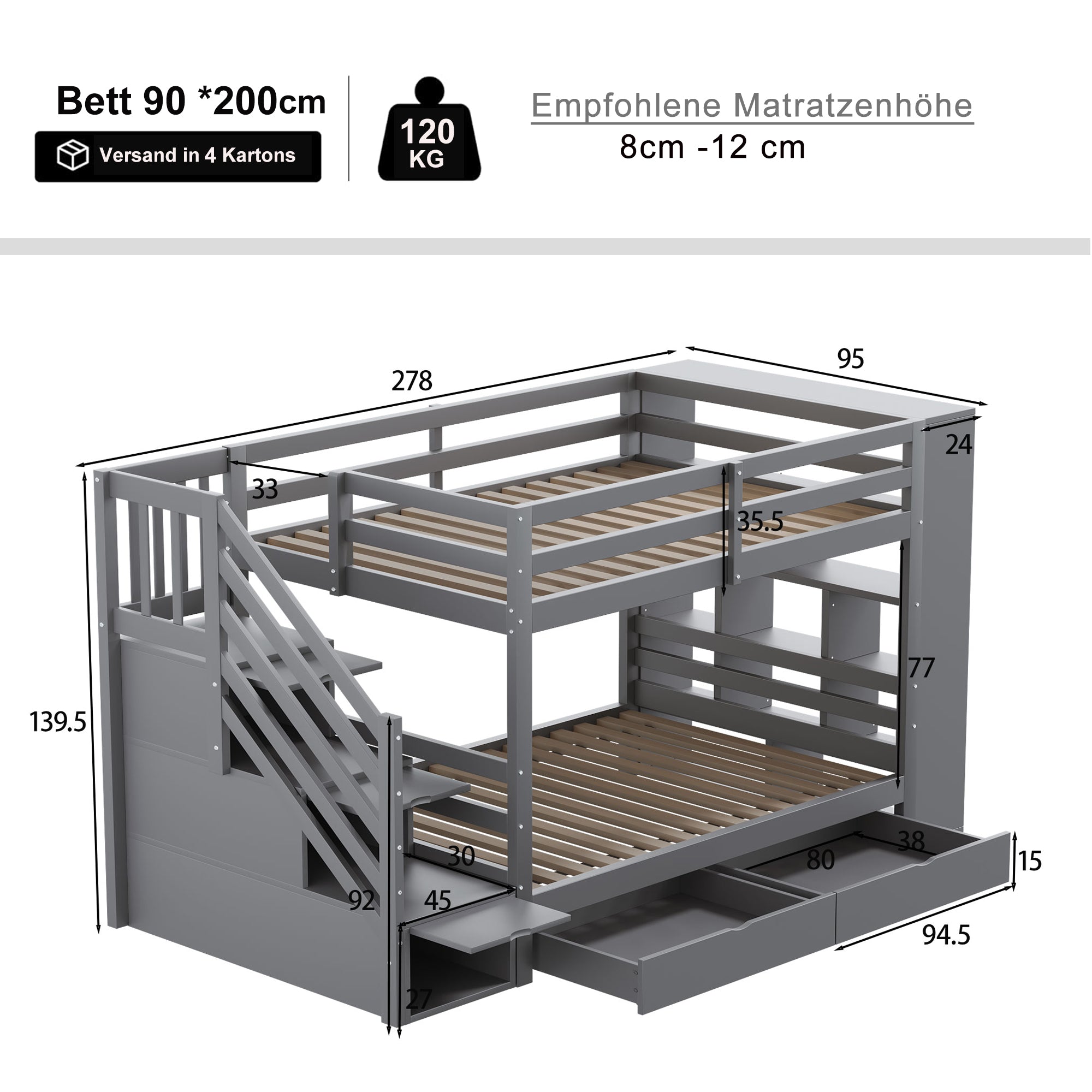 Bunk bed 90 x 200 cm with safety ladder, storage, high fence, slatted frame, grey pine