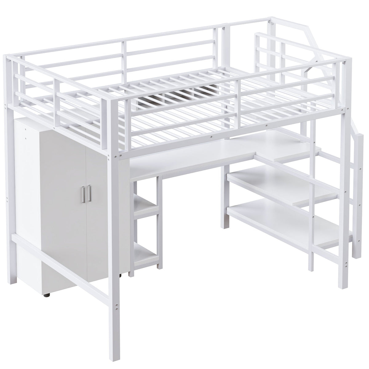Loft Bed 140x200cm Wardrobe Desk Storage Ladder Shelves - White