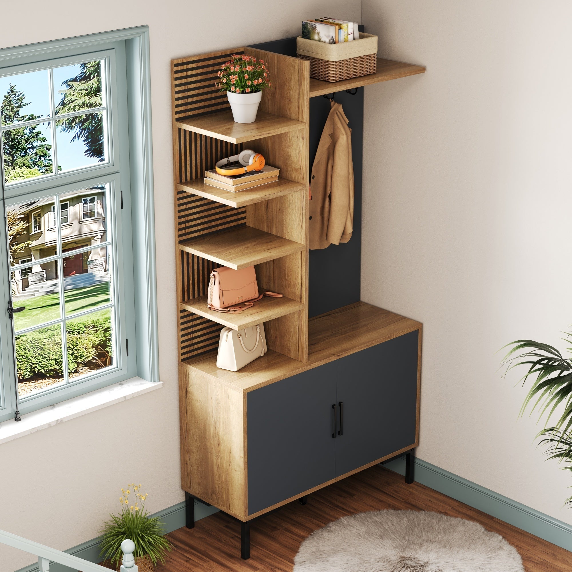 Wardrobe Set with Shoe Compartment, Shelves, Adjustable Dividers, Hooks - Wood and Black