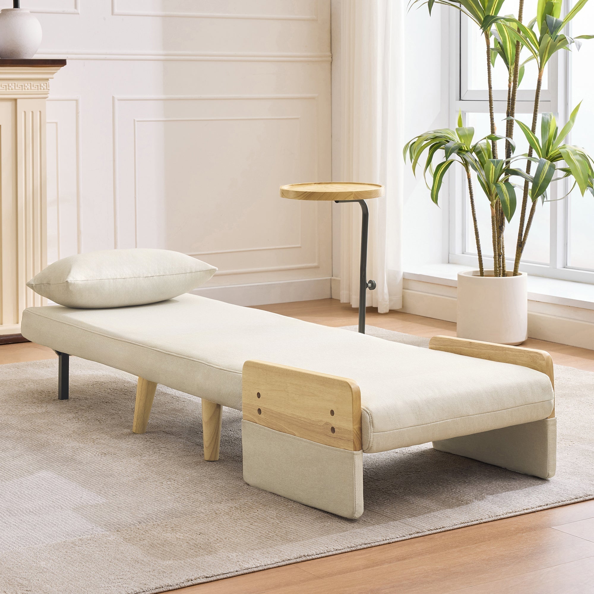 3-in-1 Convertible Armchair, Sleeping Function Upholstered Folding Seat, Wooden Tray
