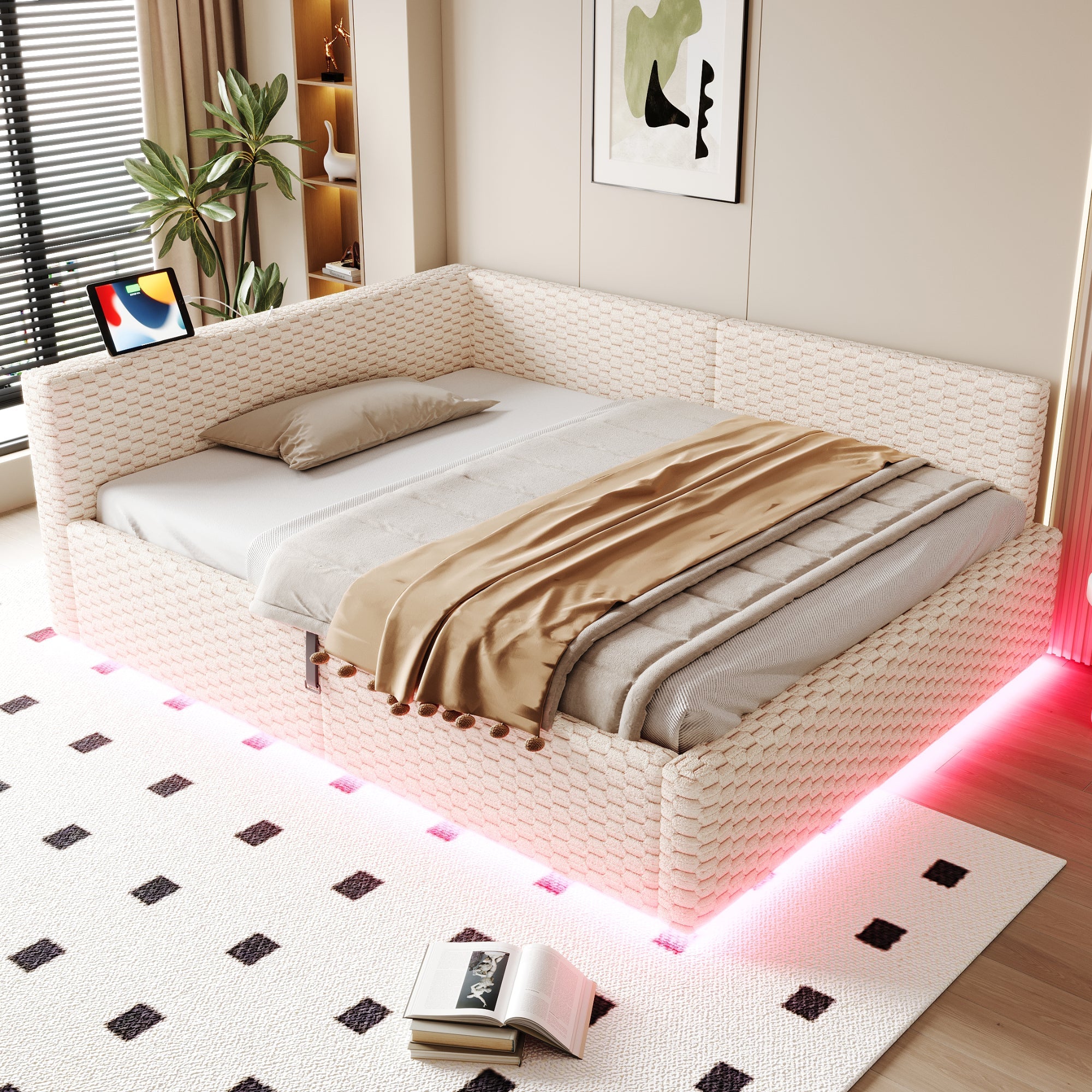 Upholstered Bed 140x200cm with LED, USB, L-Shaped Backrest and Hydraulic Frame, Beige Velvet