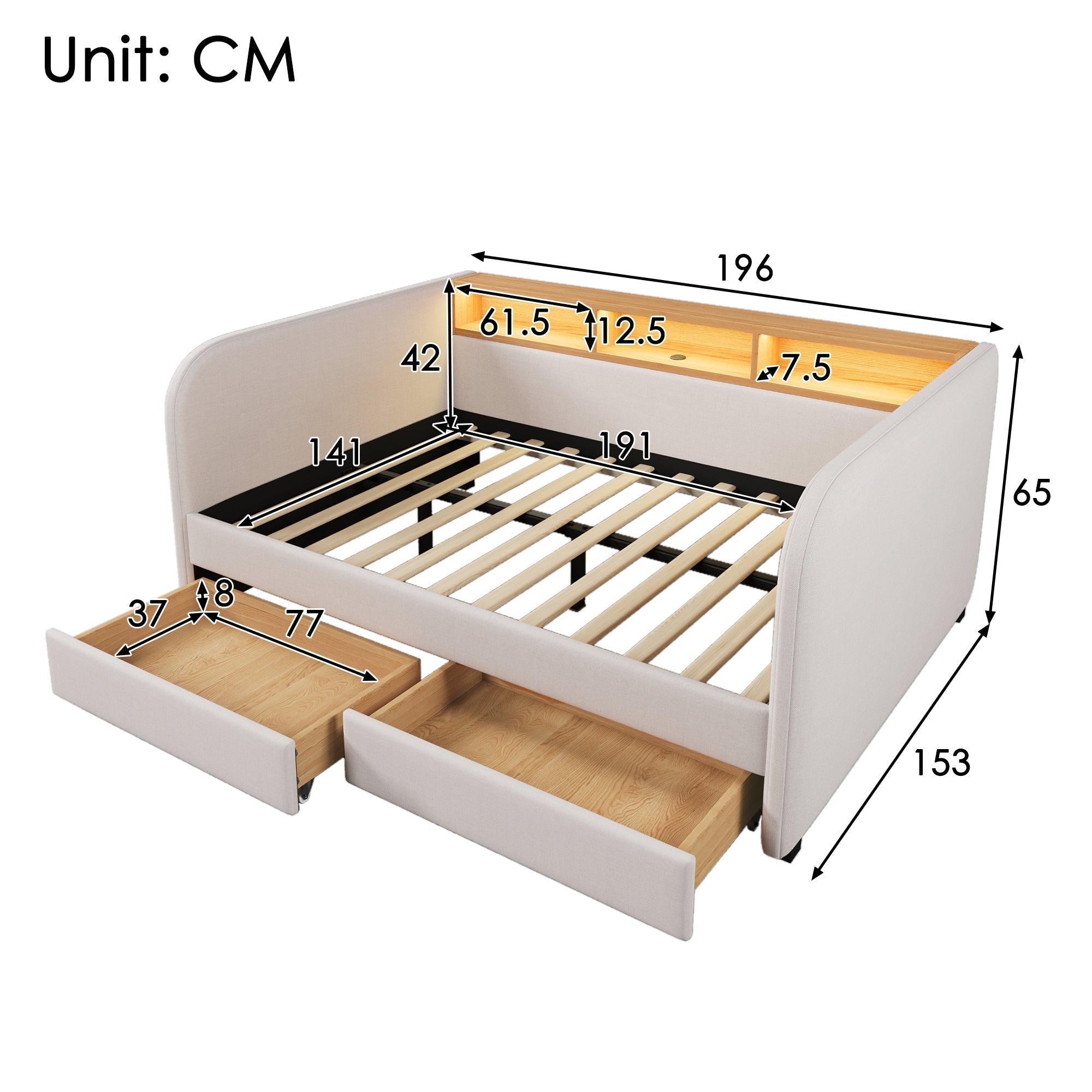 Upholstered Daybed with LED, USB-C, 2 Drawers and Storage Headboard, 140x190cm, Light Beige Linen