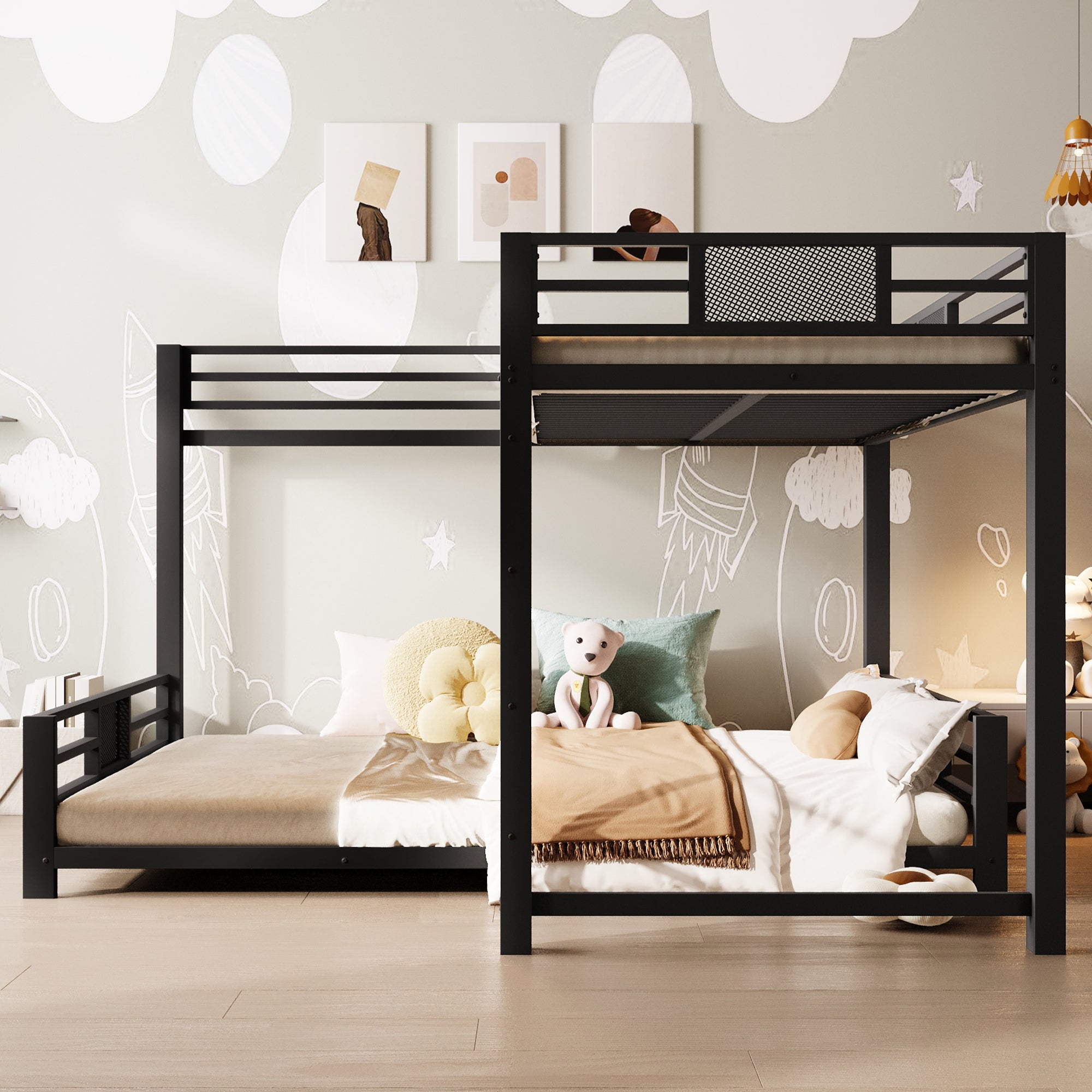 L-shaped Bunk Bed 90x200 over 140x200, Metal, Black
