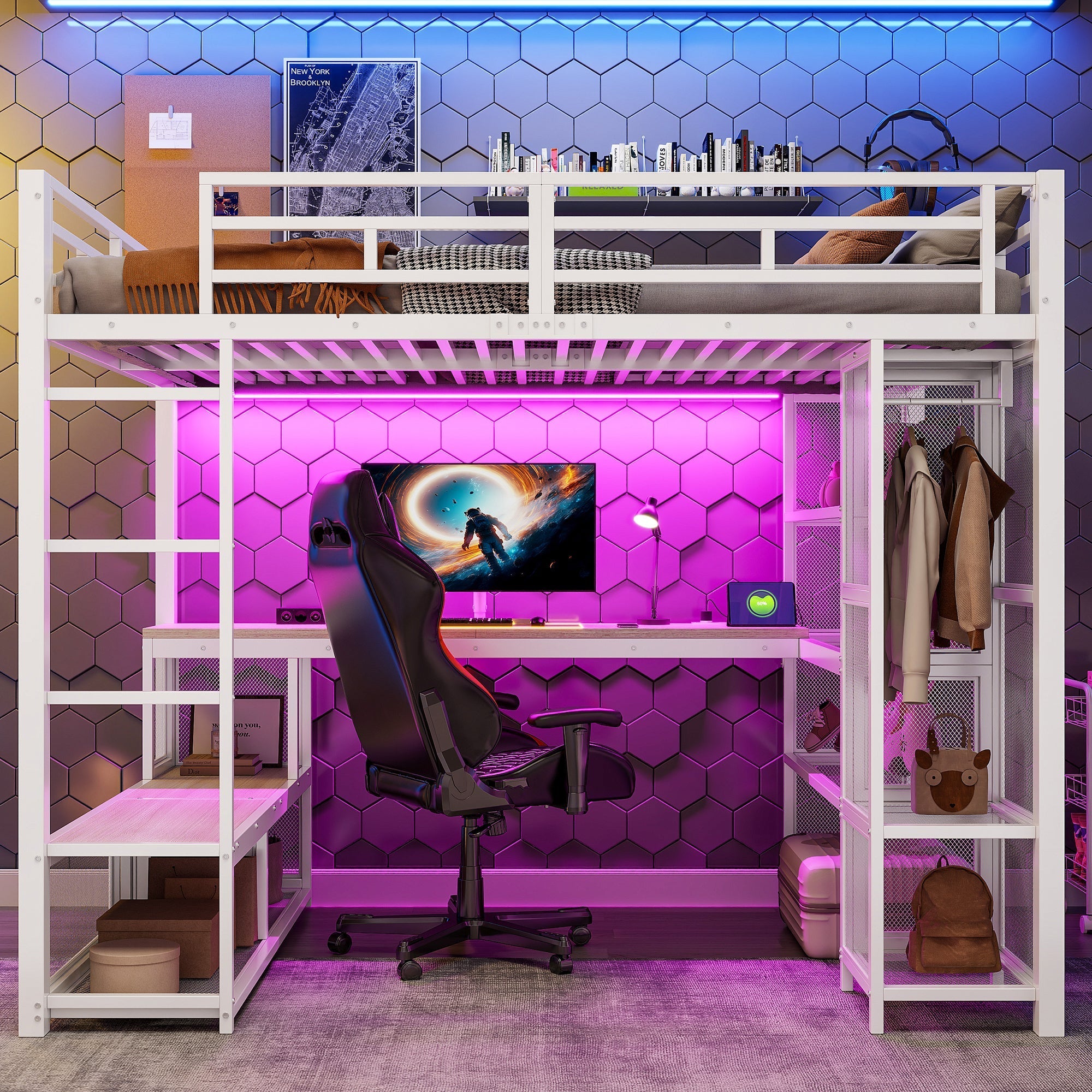 Metal Loft Bed with Wardrobe, USB Port and LED Lighting, White