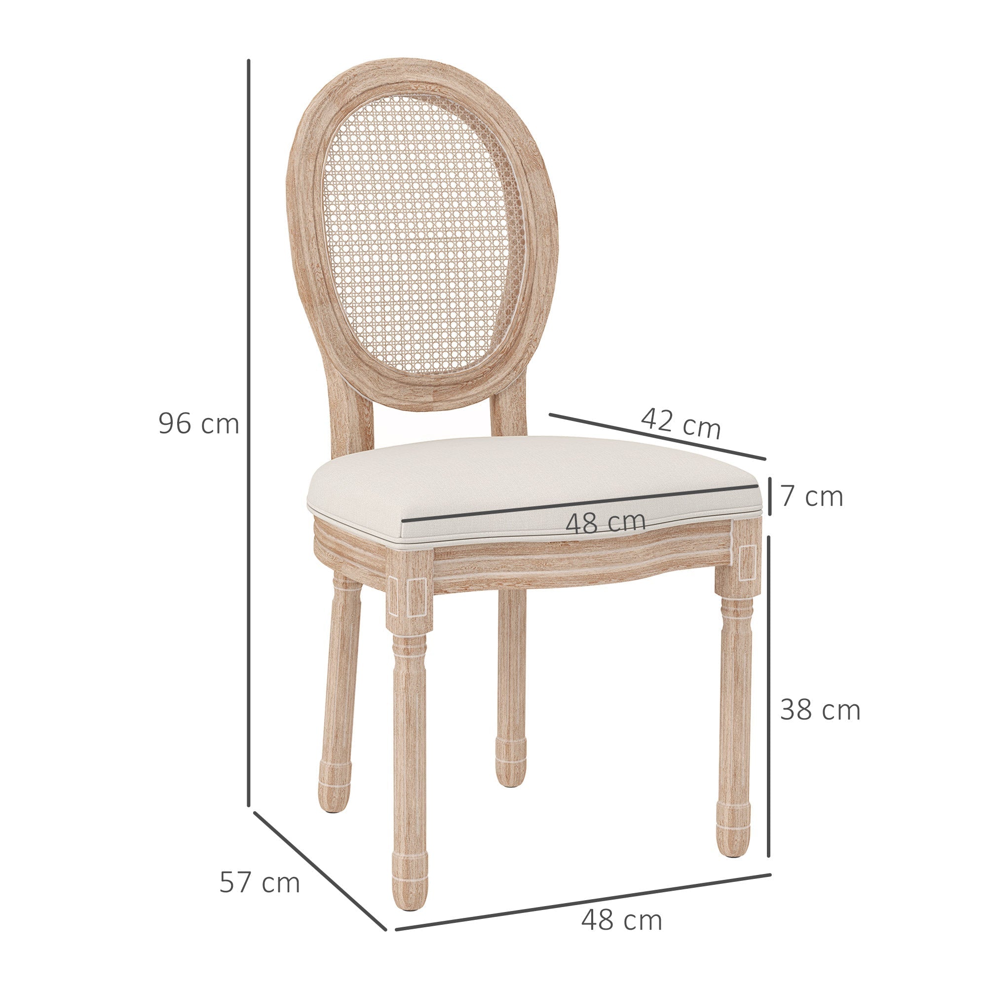 Dining Chairs, Set of 2 Kitchen Backrest Wooden Legs, Linen Rattan Look Cream White