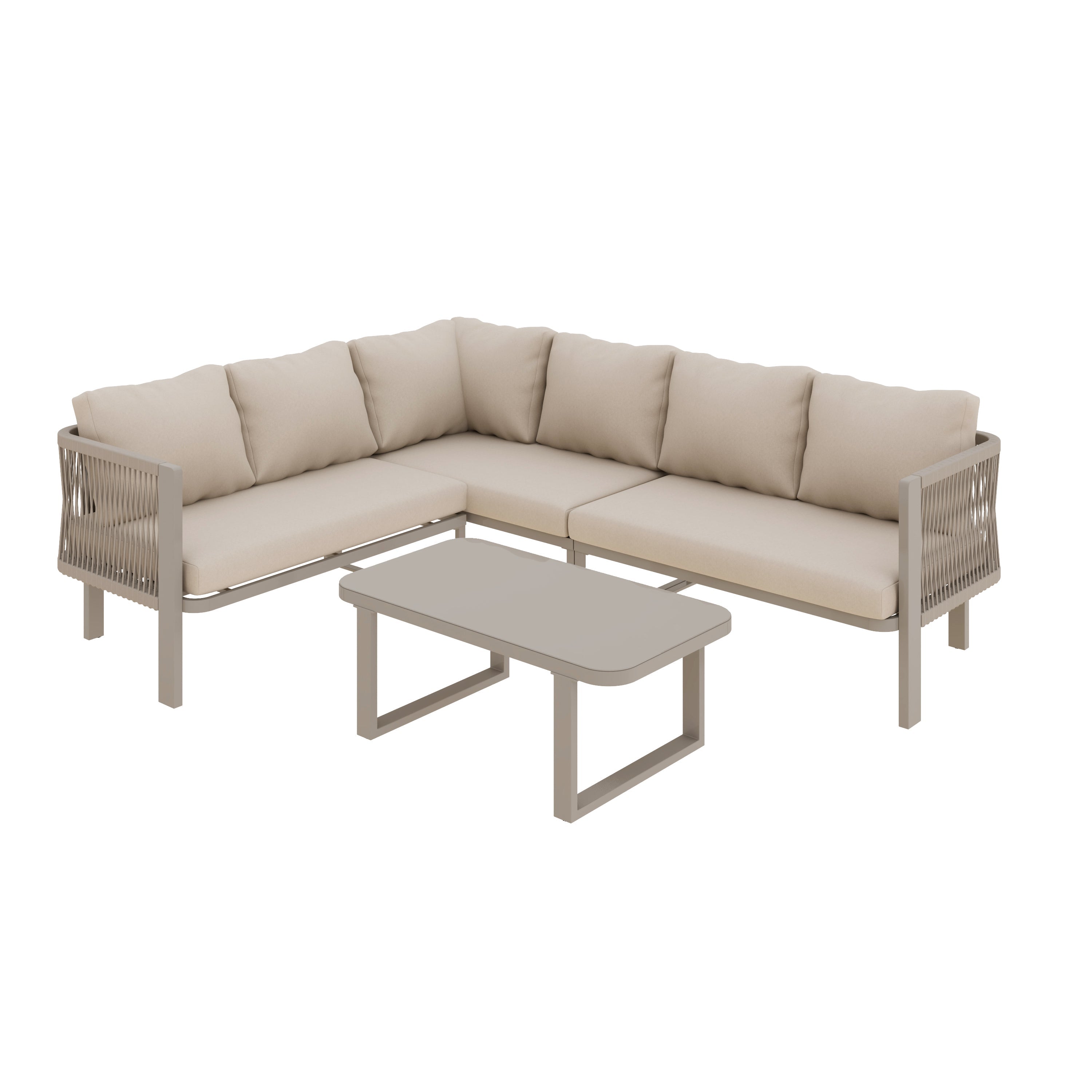 6-Person Garden Furniture Set with Corner Configuration and Glass Tabletop, Khaki Teslin Rope Weaving and Galvanized Steel