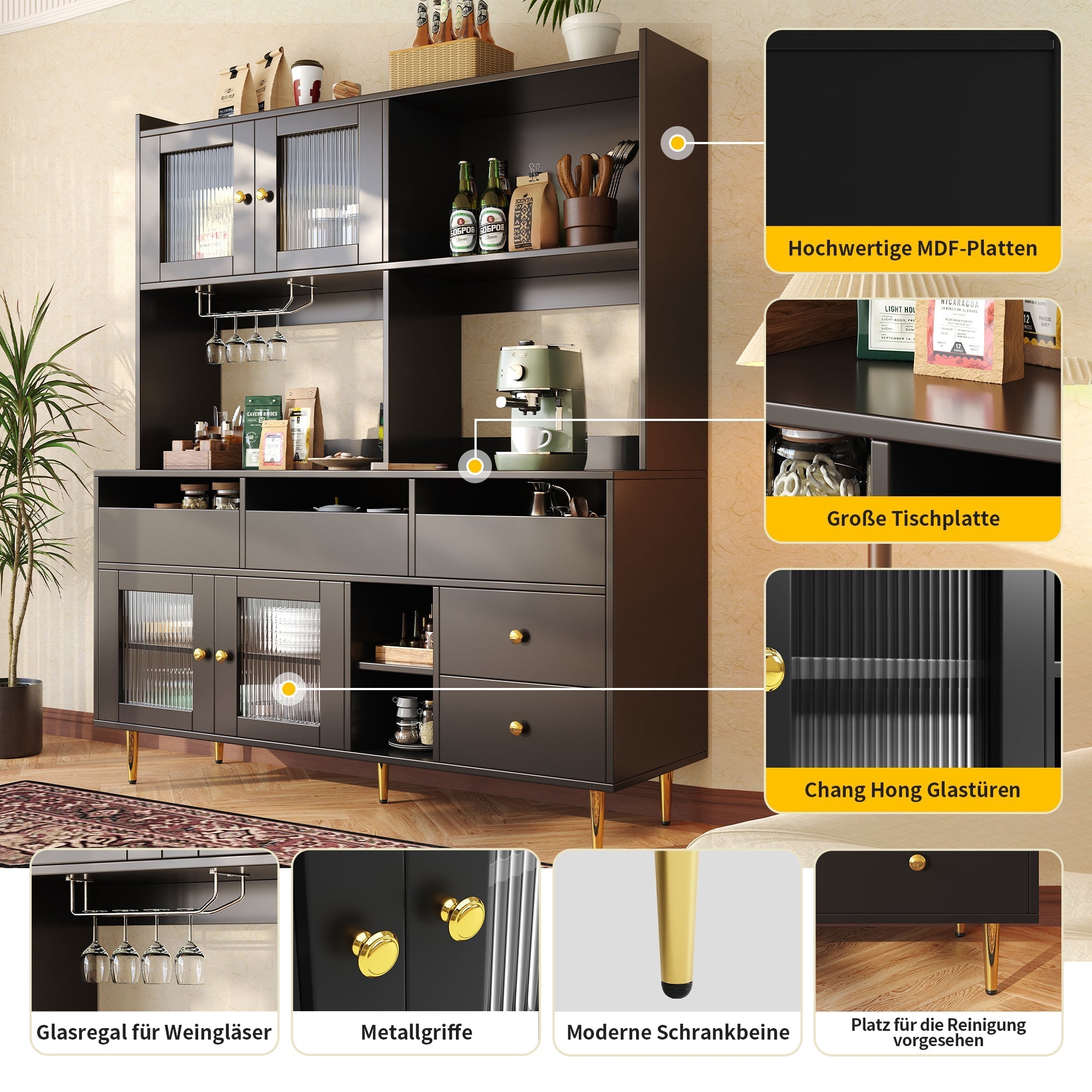 Dining Room Tall Cabinet, Changhong Glass Doors, Wine Glass Rack, Multi-Layer Storage, Black with Gold Decor
