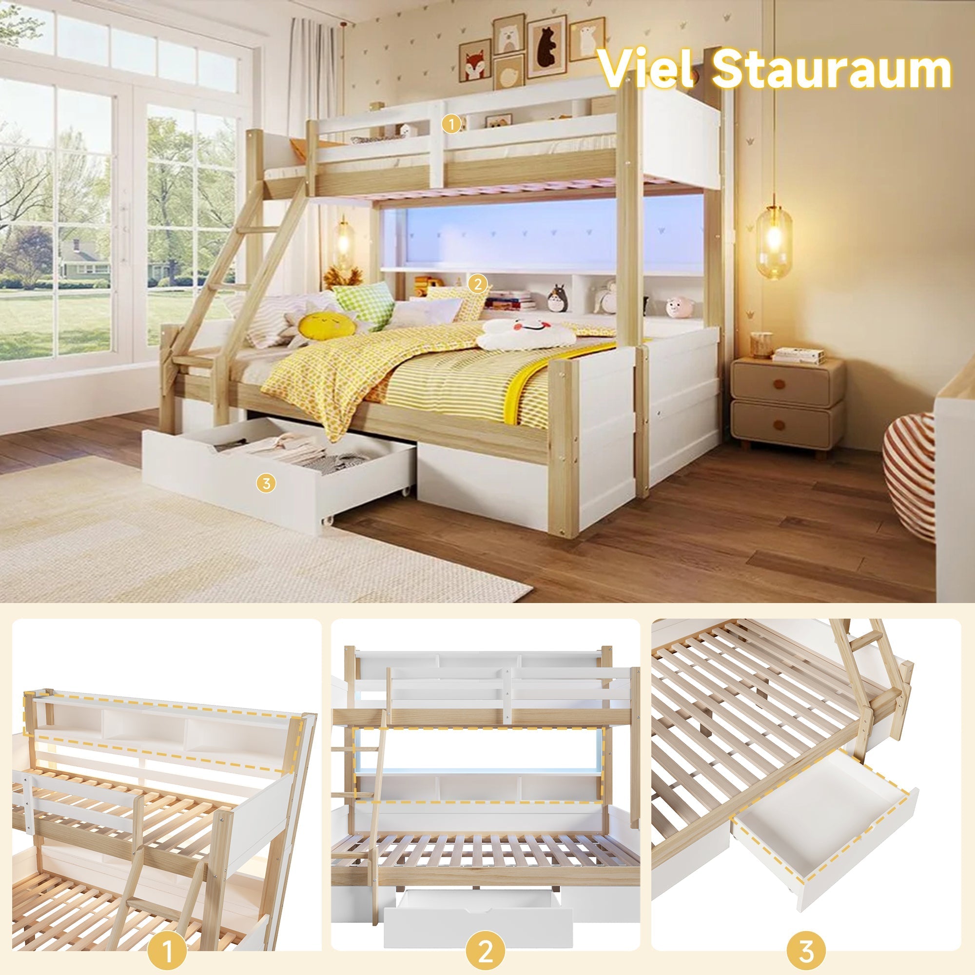 Bunk Bed with Storage Compartments, 1 Drawer and LED Light, 90x200cm + 140x200cm, White and Natural