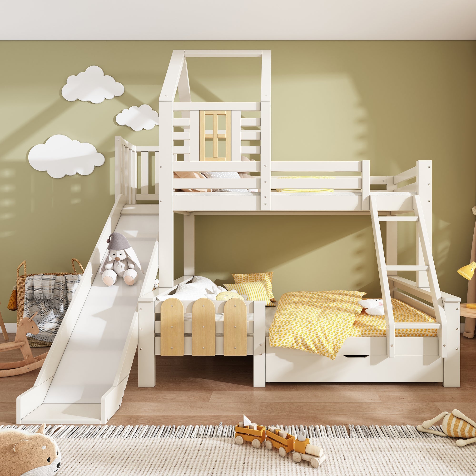 Bunk Beds for Kids, Cabin Tree-house Bed with Ladder and Slide, Twin Sleeper (90+135) x 190 cm, Solid Wood, White