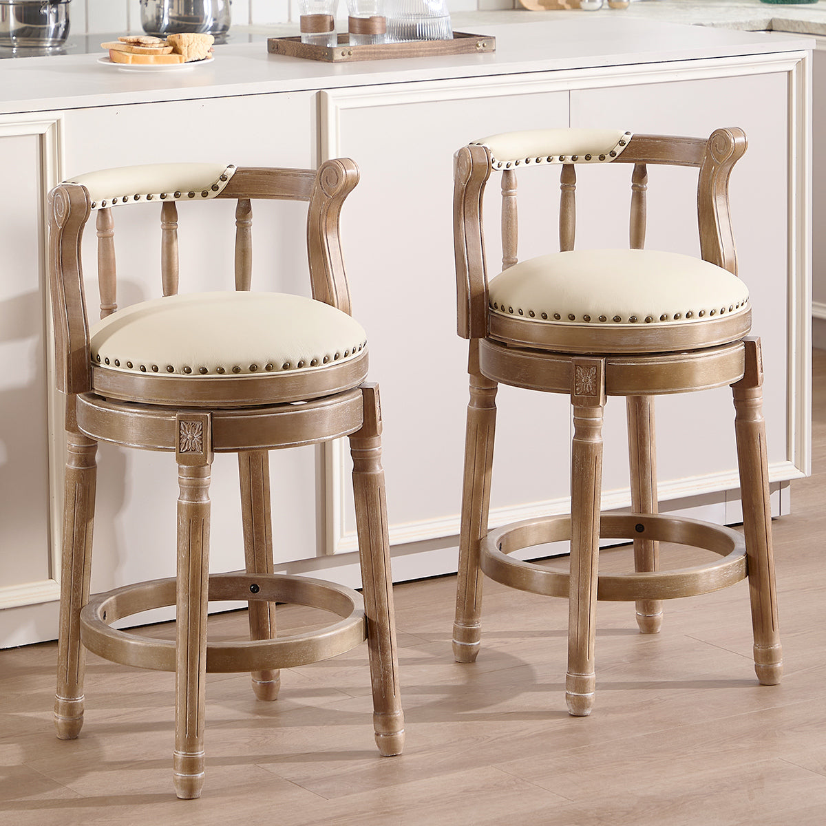 Bar Stools 360° Swivel with Backs - Cow Top Leather and Wood