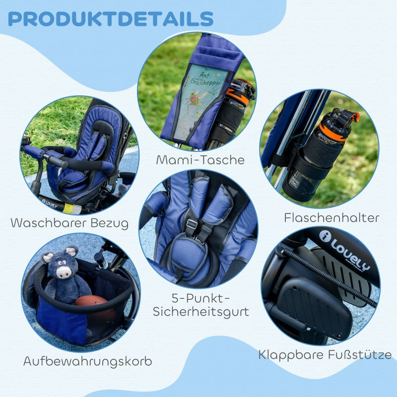 6-in-1 Tricycle with Push Bar and Sun Canopy, Dark Blue
