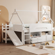 Children's Loft Bed with Roof Frame, Slide, and Storage, White Solid Wood