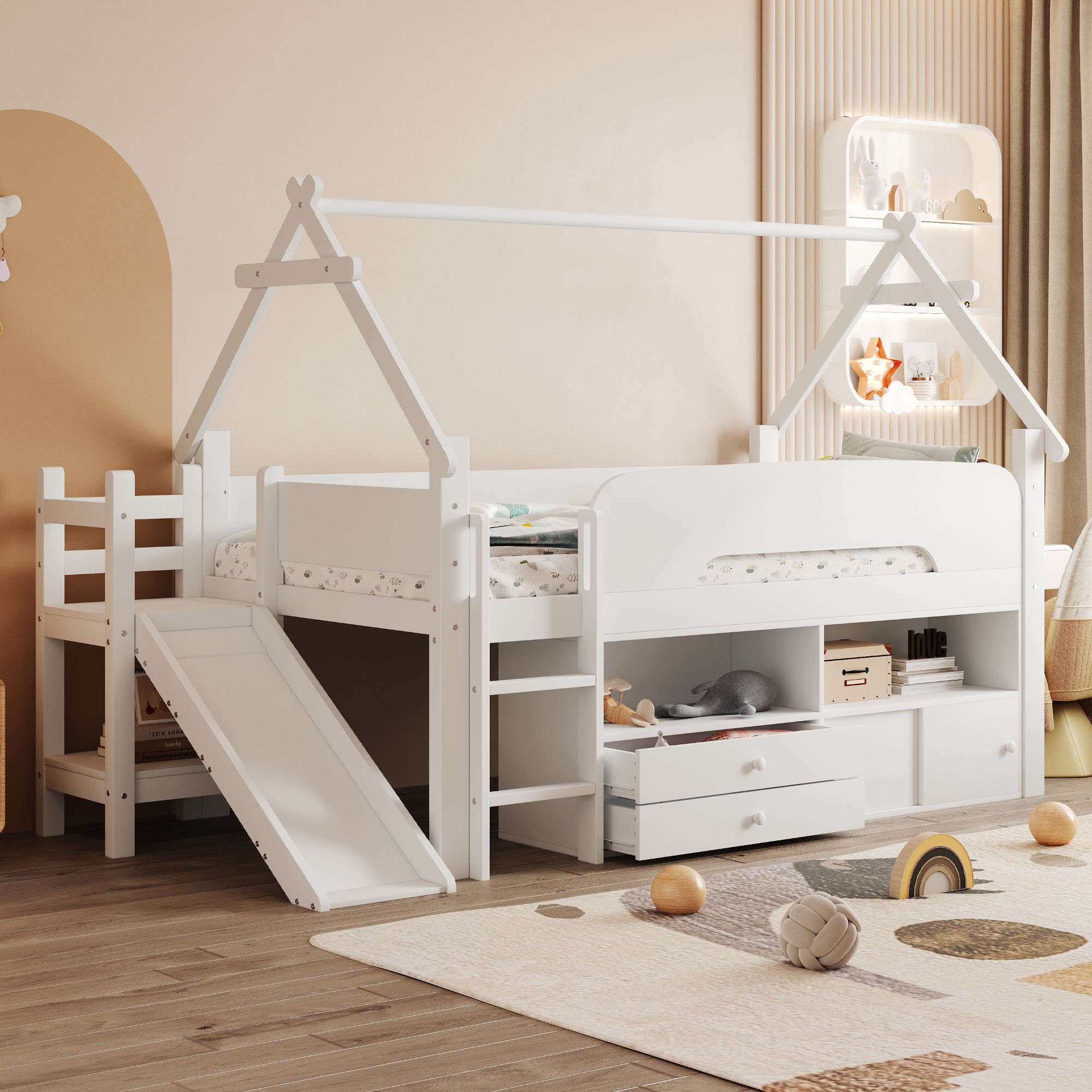 Children's Loft Bed with Roof Frame, Slide, and Storage, White Solid Wood