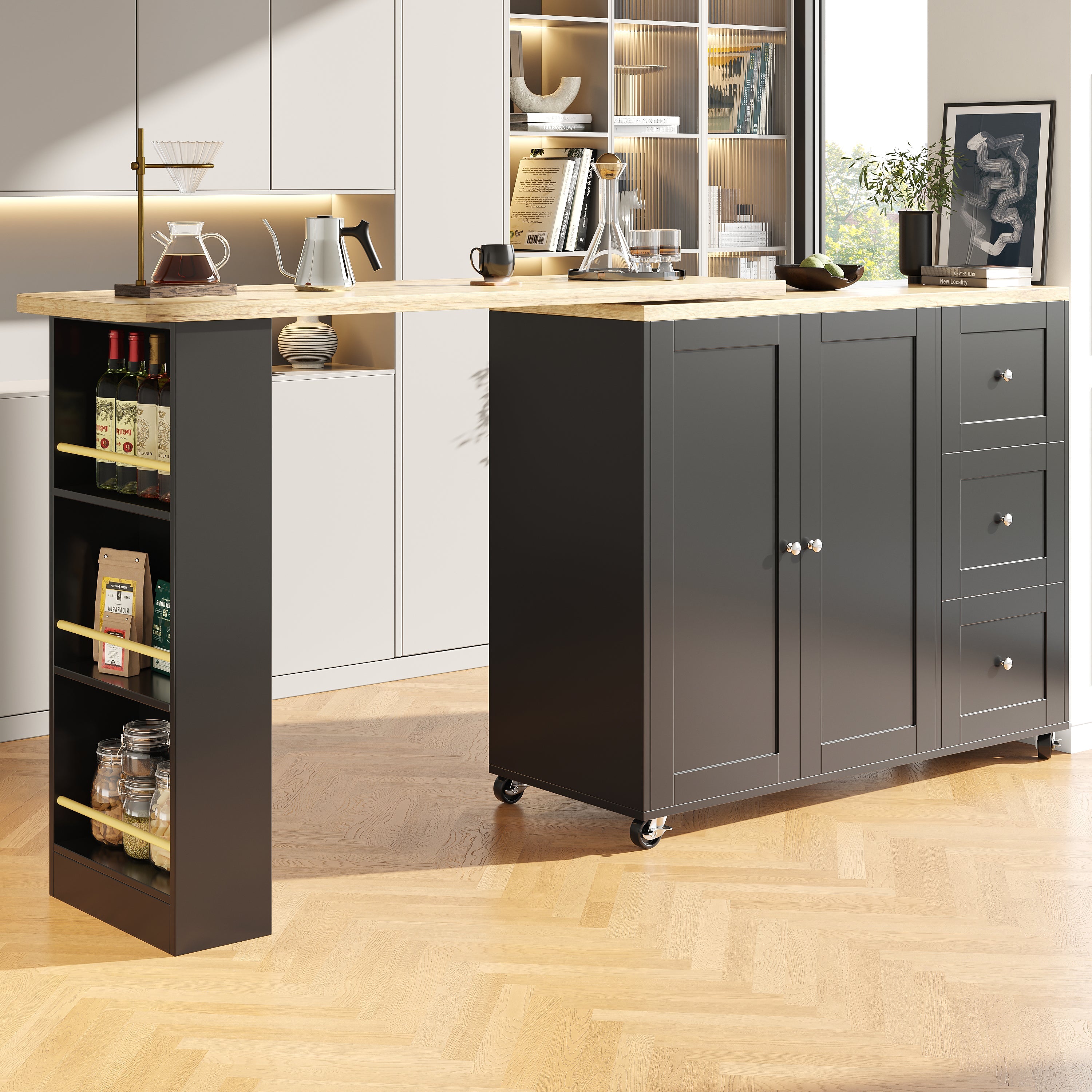360° Rotating Bar Table Extendable On Casters Storage Island 3 Drawers Black