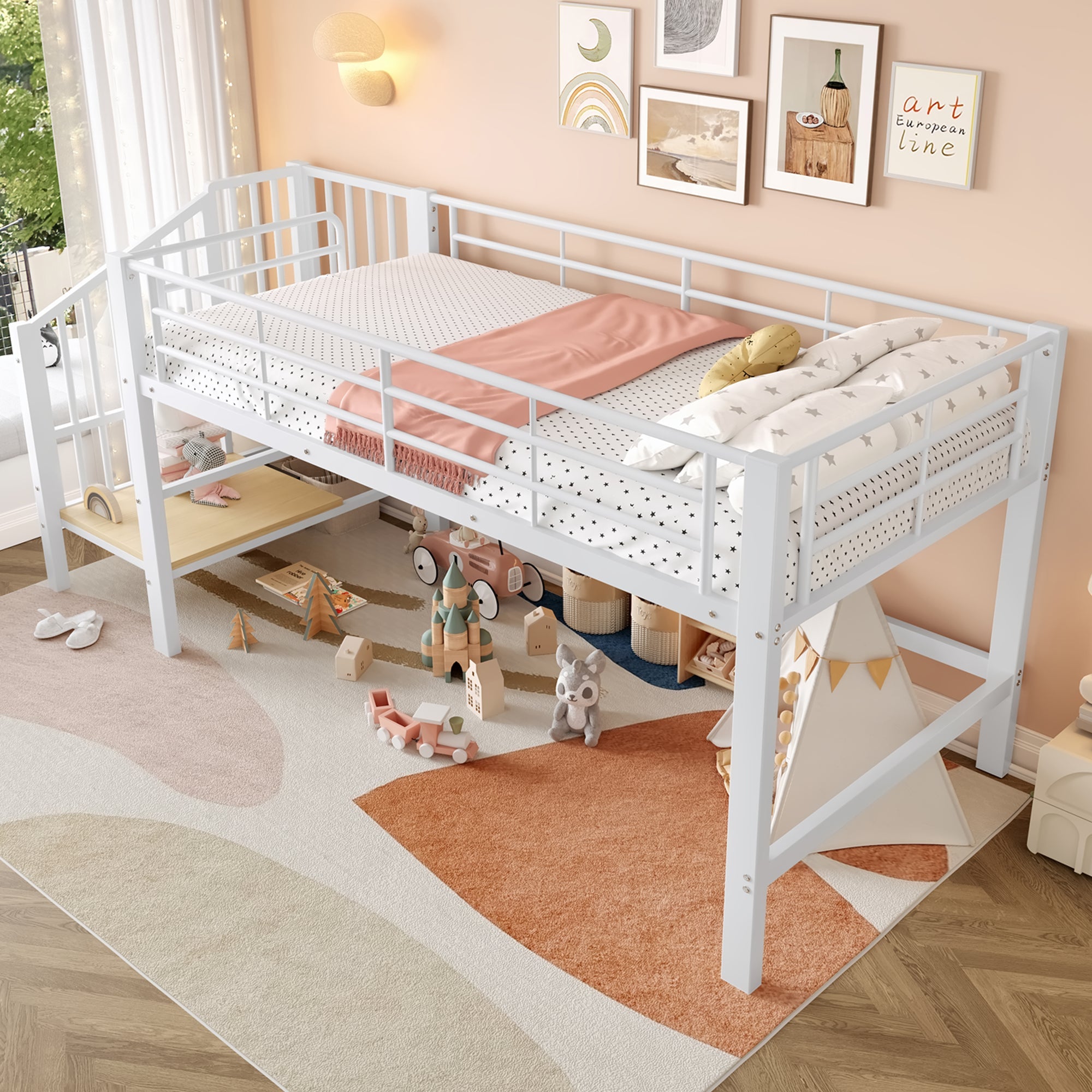 Semi-high Loft Bed 90x200 with Storage Stairs, White