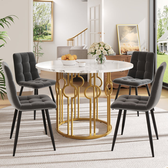 Dining Set 5-Piece Round Table 100cm, 4 Chairs, Gold Metal Legs, White MDF Top | Dark Grey Velvet