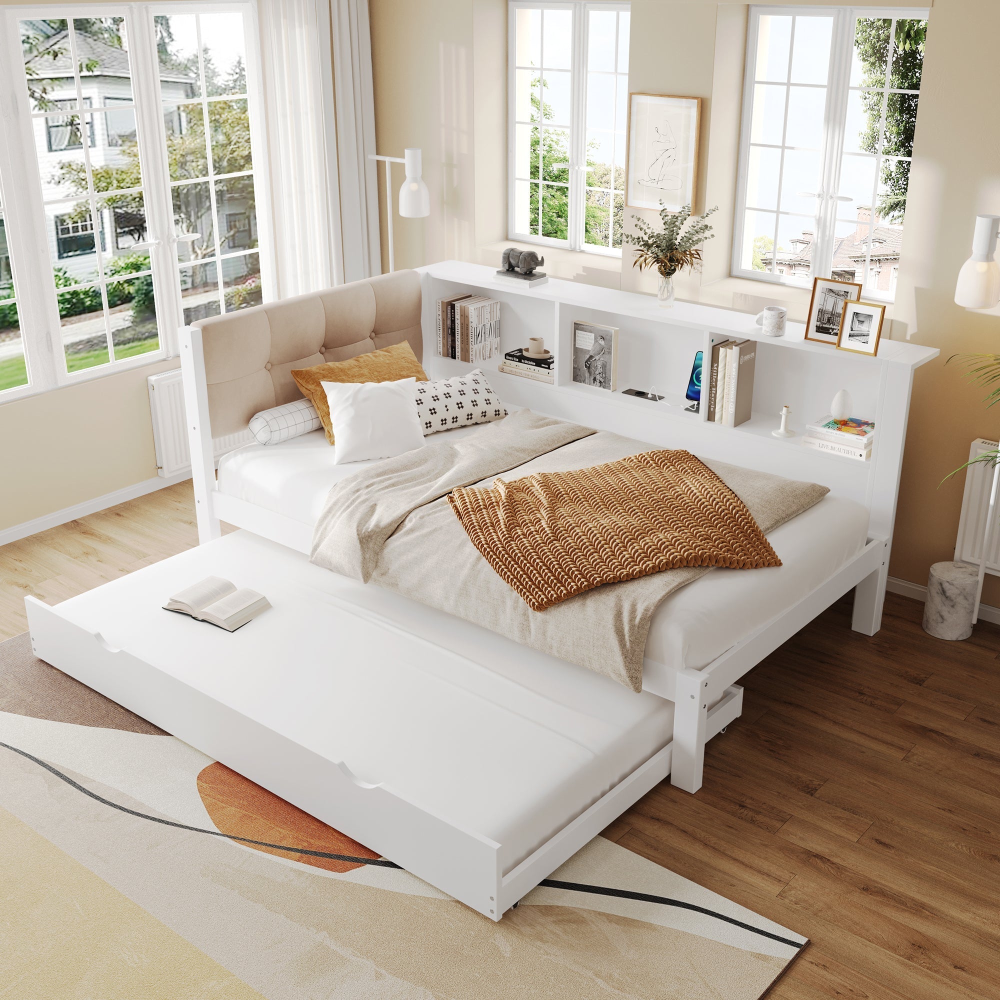Daybed with Pull-Out Bed, LED Strip, Storage Shelf and USB Port, Pine Wood White