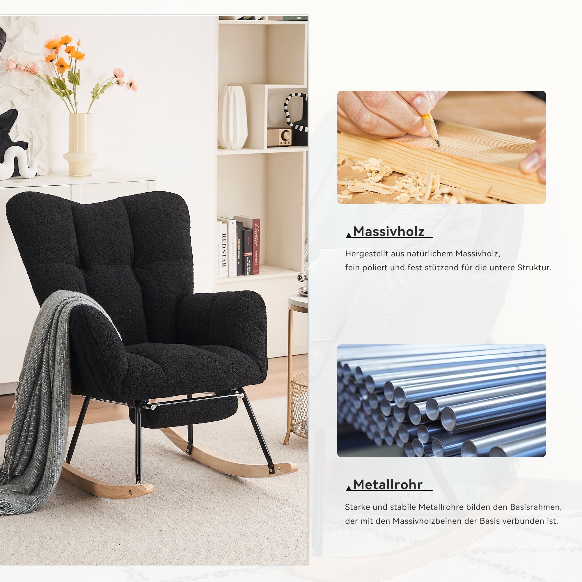 Modern Rocking Chair, Upholstered with Extendable Footrest, Black Teddy Taffeta