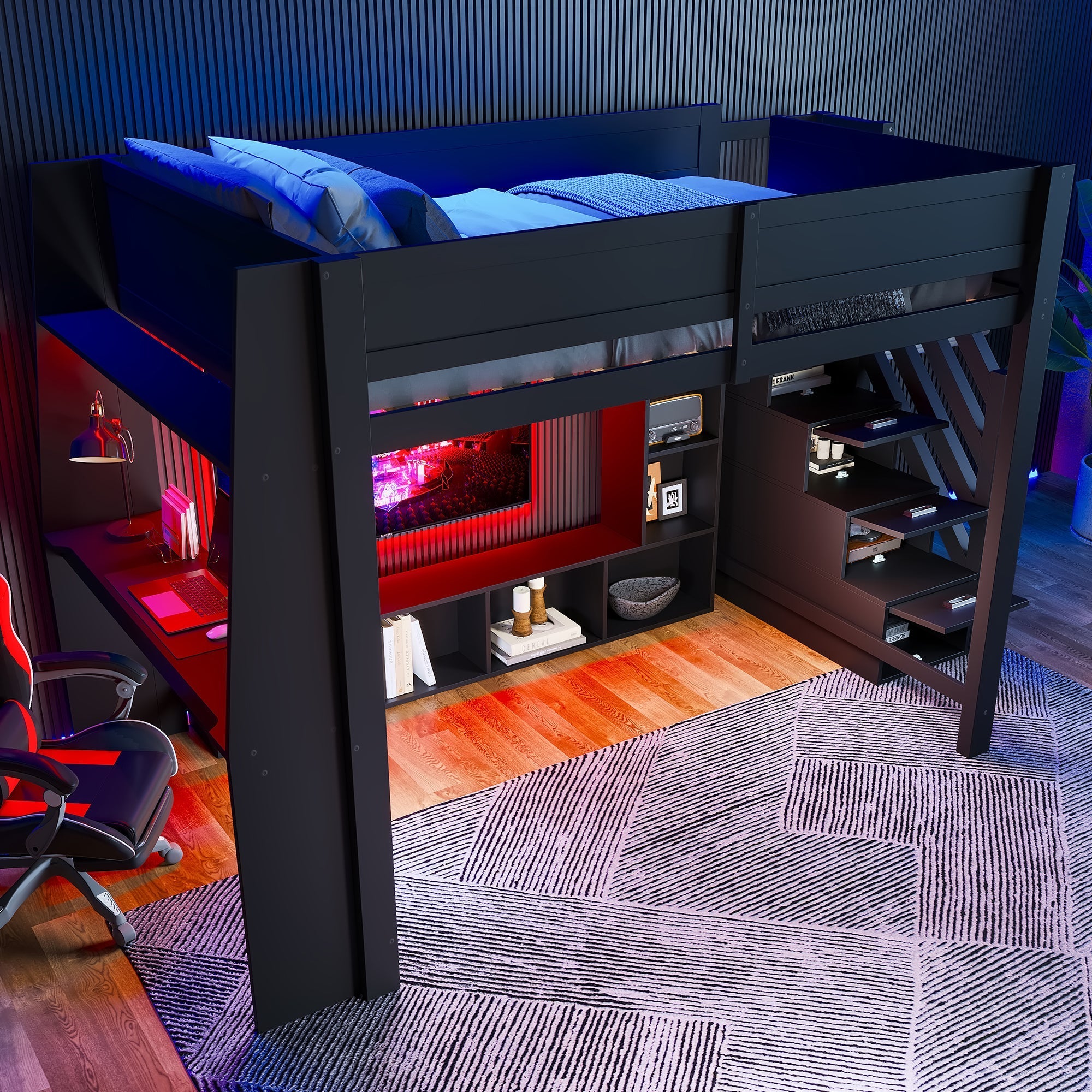 Loft Bed with Desk, Storage Stairs and LED Lighting, 140x200cm, Black Wood