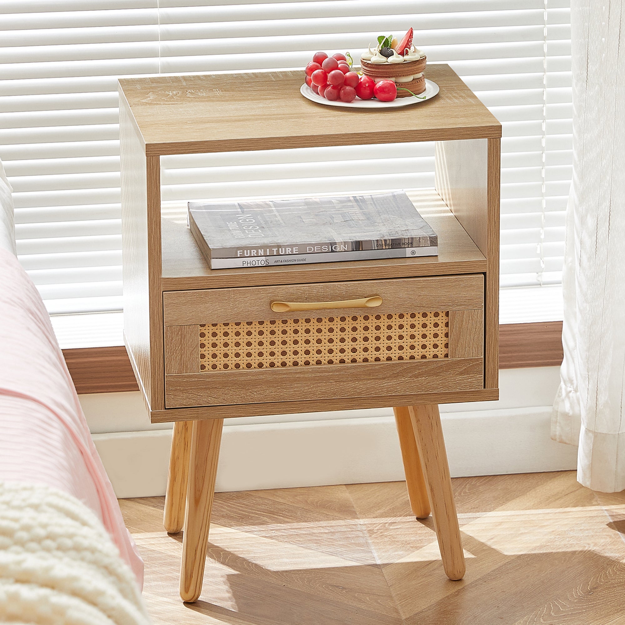 Rattan Side Table Drawer Solid Wood Legs Modern Bedside Natural Wood Look