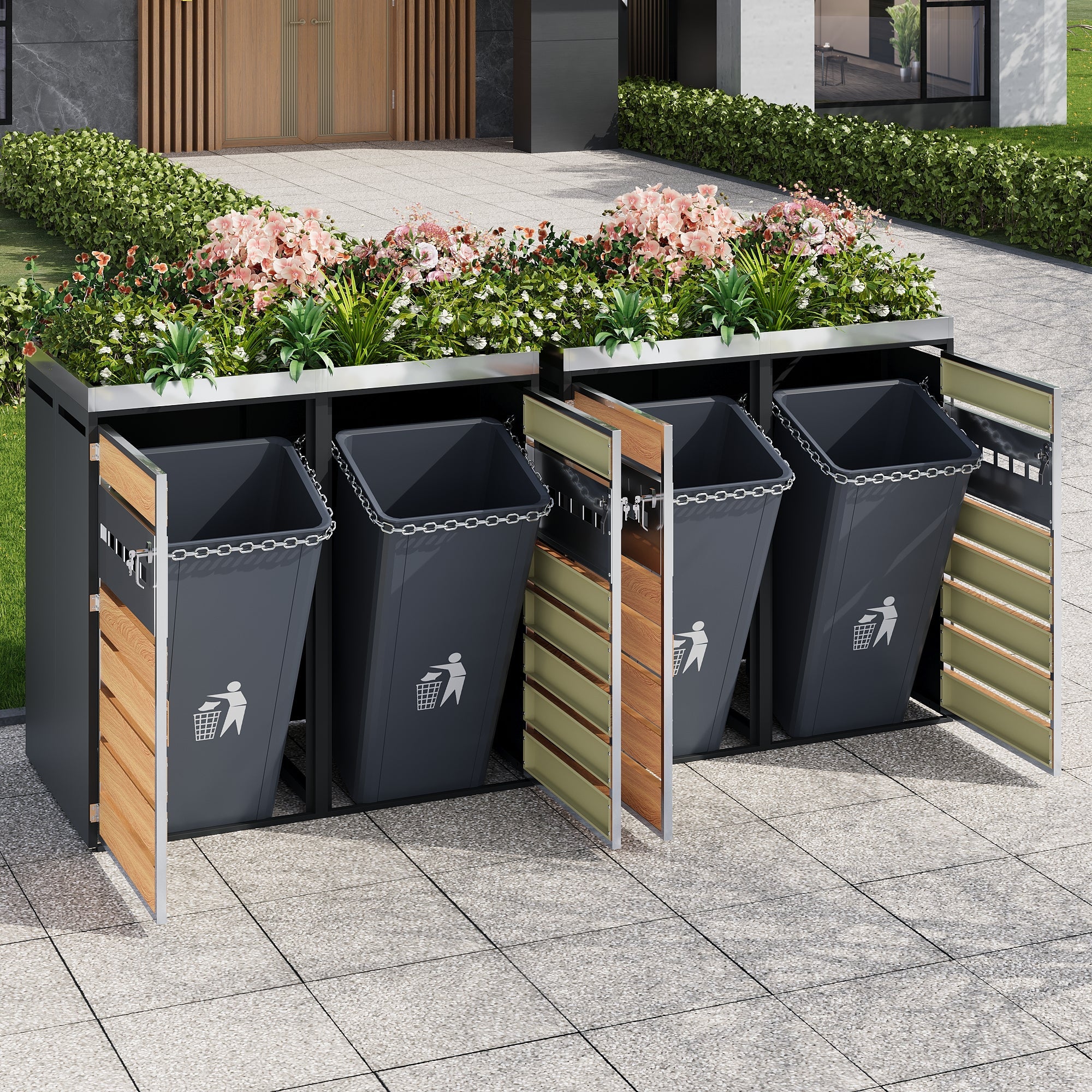 Garbage Can Enclosure with Diamond Ventilation and Four Lockable Doors, Planting Area, Steel