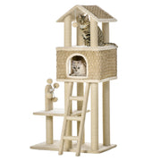 Cat Tree Large 130cm, Cat Cave & Play Balls, Khaki+Beige Chipboard Plush