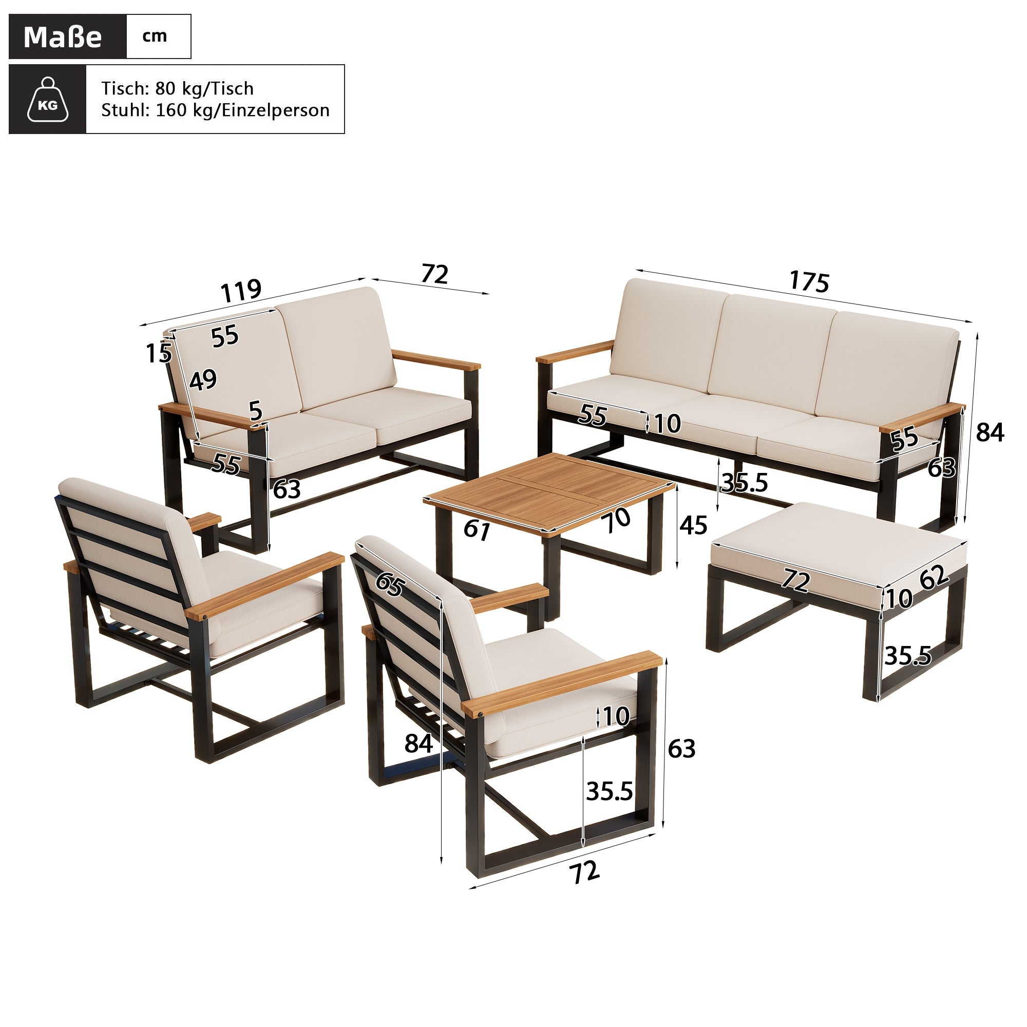 Garden Furniture Set with 1 3-Seater Sofa, 1 2-Seater Sofa, 2 1-Seater Sofas, Coffee Table and Footstool, Beige Galvanized Steel and Acacia Wood