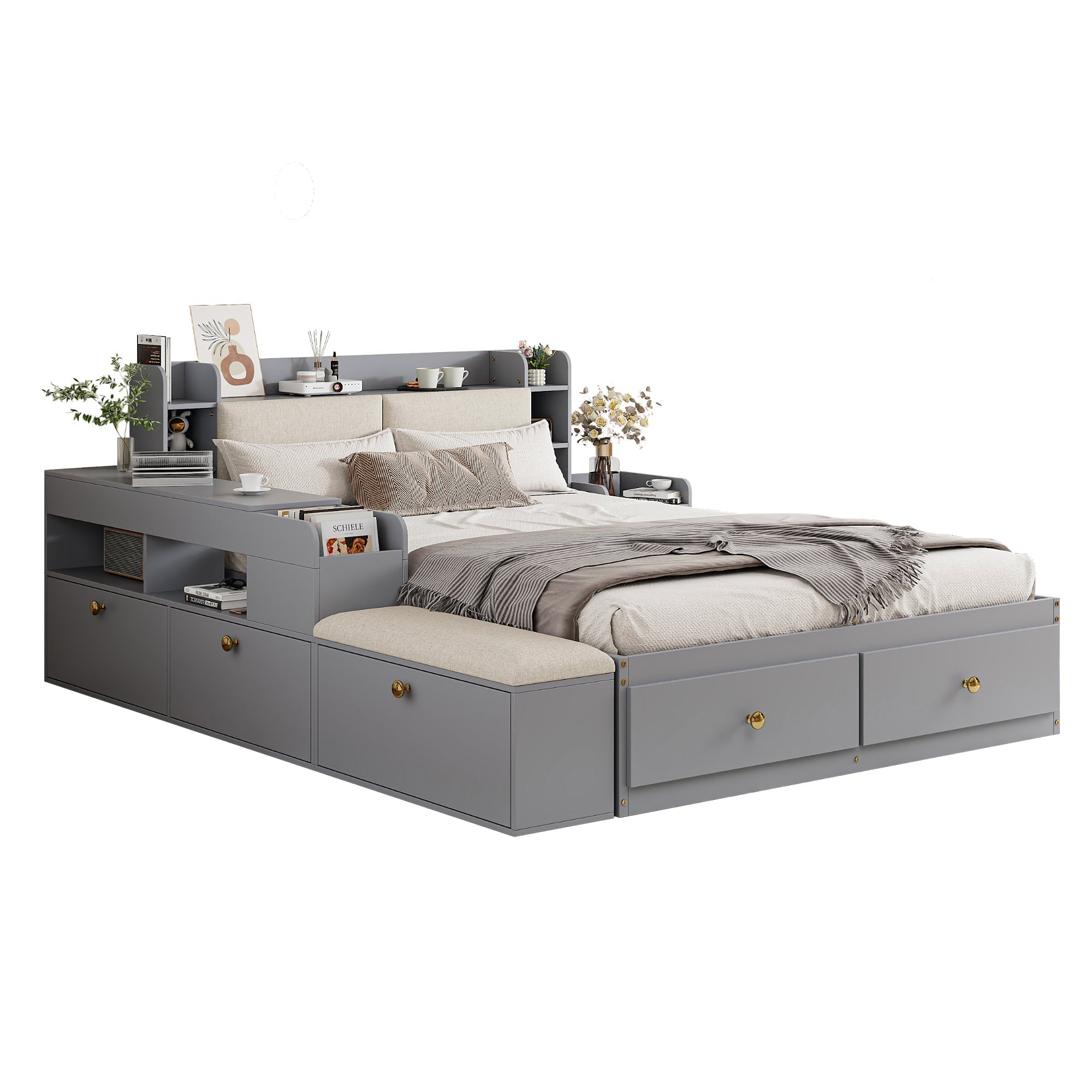 Solid Wood Combo Bed, 140x200cm with Storage & Sofa Bench, Gray