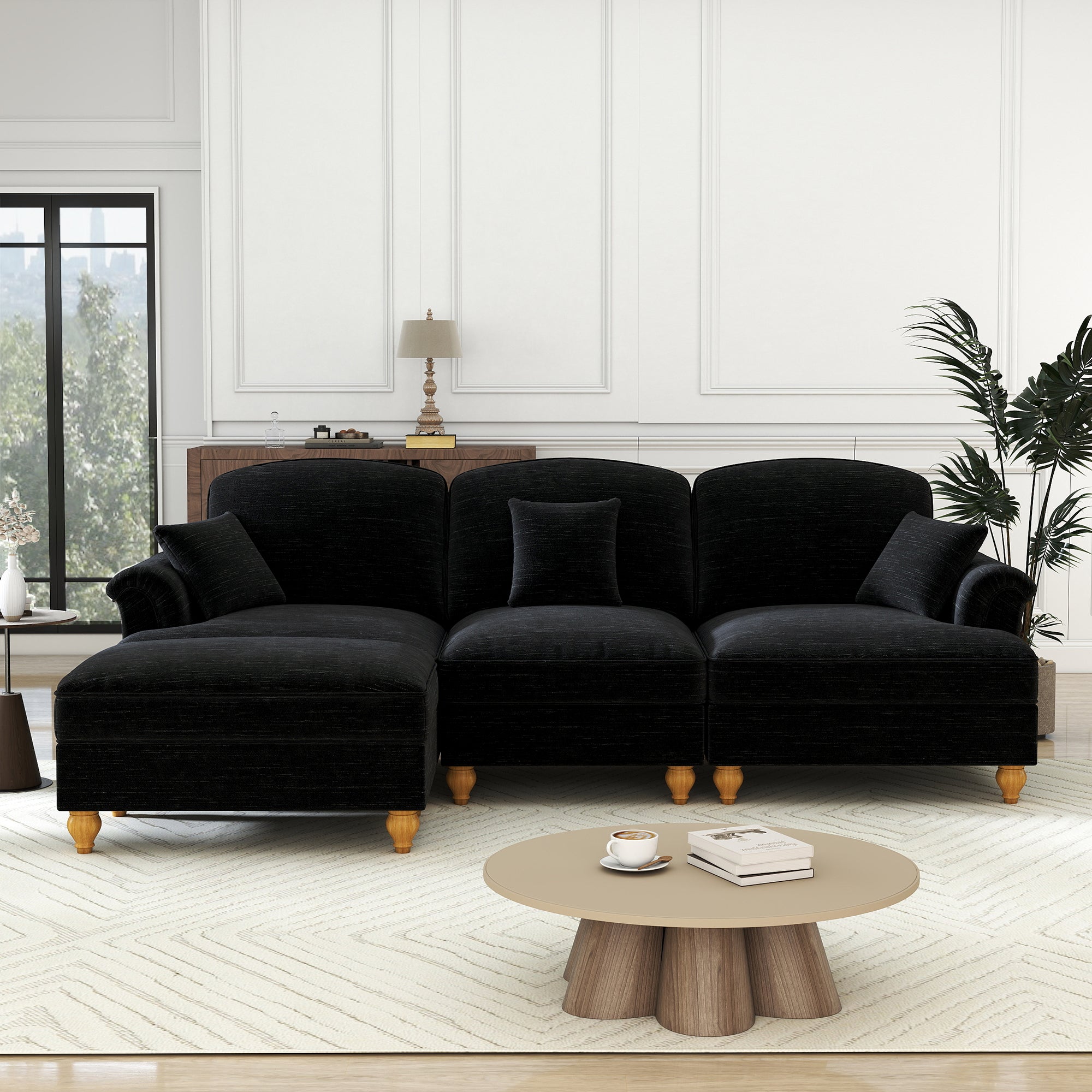 Modular L-Shaped Sofa 3-Seater Mid-Century Ottoman - Chenille Black